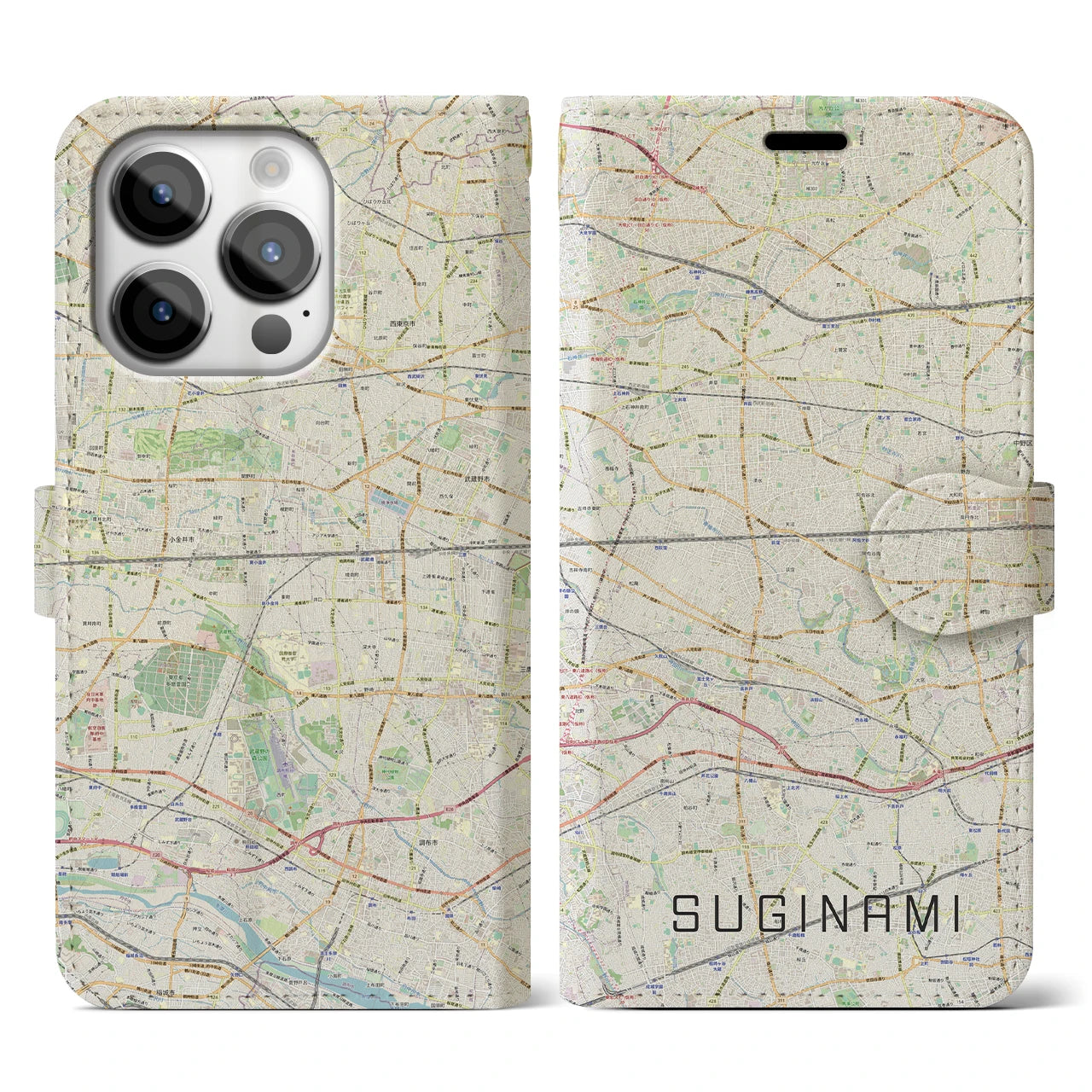 【杉並(東京都)】地図柄iPhoneケース(手帳タイプ)ナチュラル・iPhone 14 Pro 用