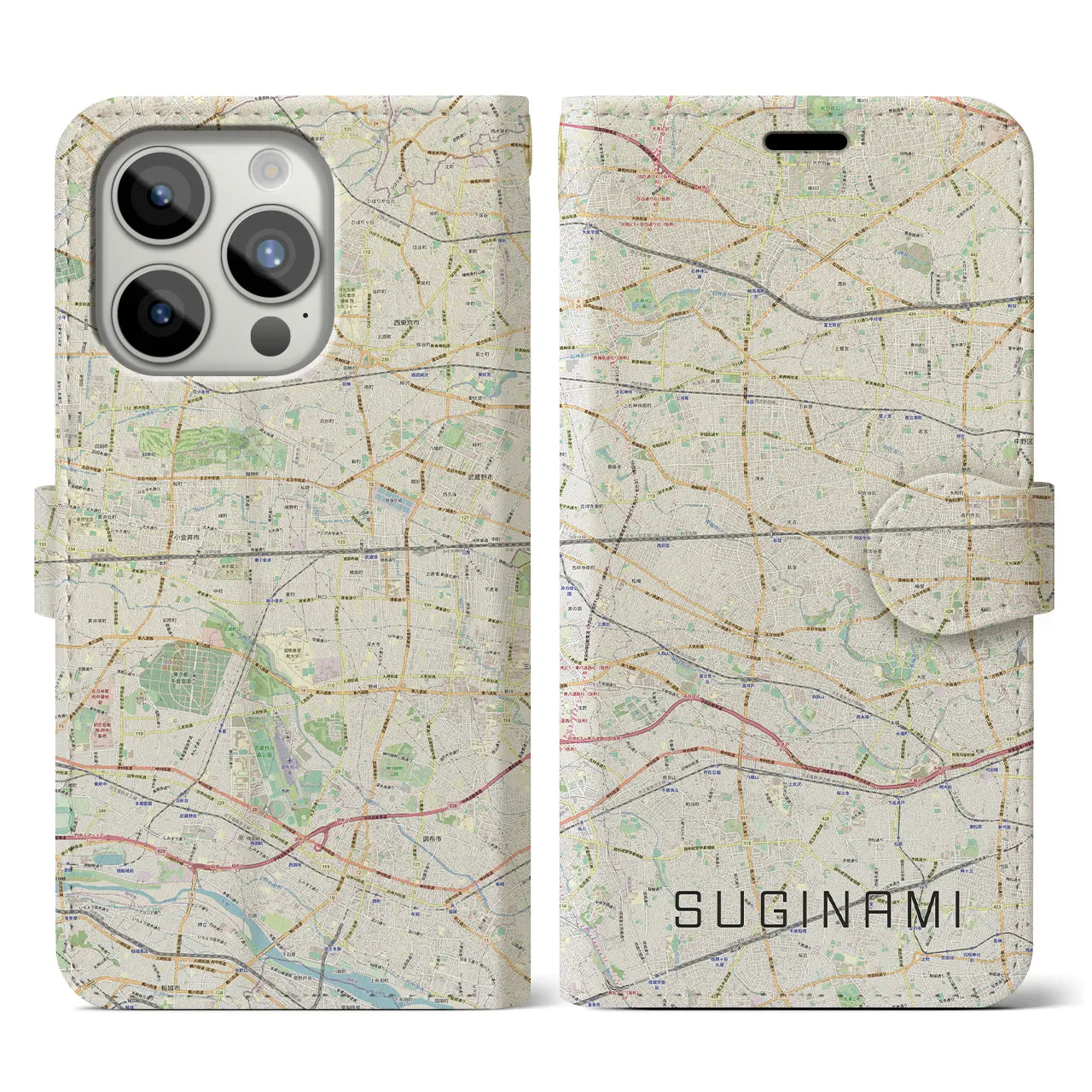 【杉並(東京都)】地図柄iPhoneケース(手帳タイプ)ナチュラル・iPhone 15 Pro 用