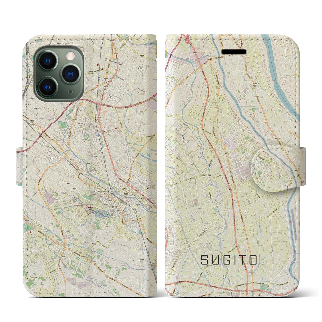 【杉戸(埼玉県)】地図柄iPhoneケース(手帳タイプ)ナチュラル・iPhone 11 Pro 用
