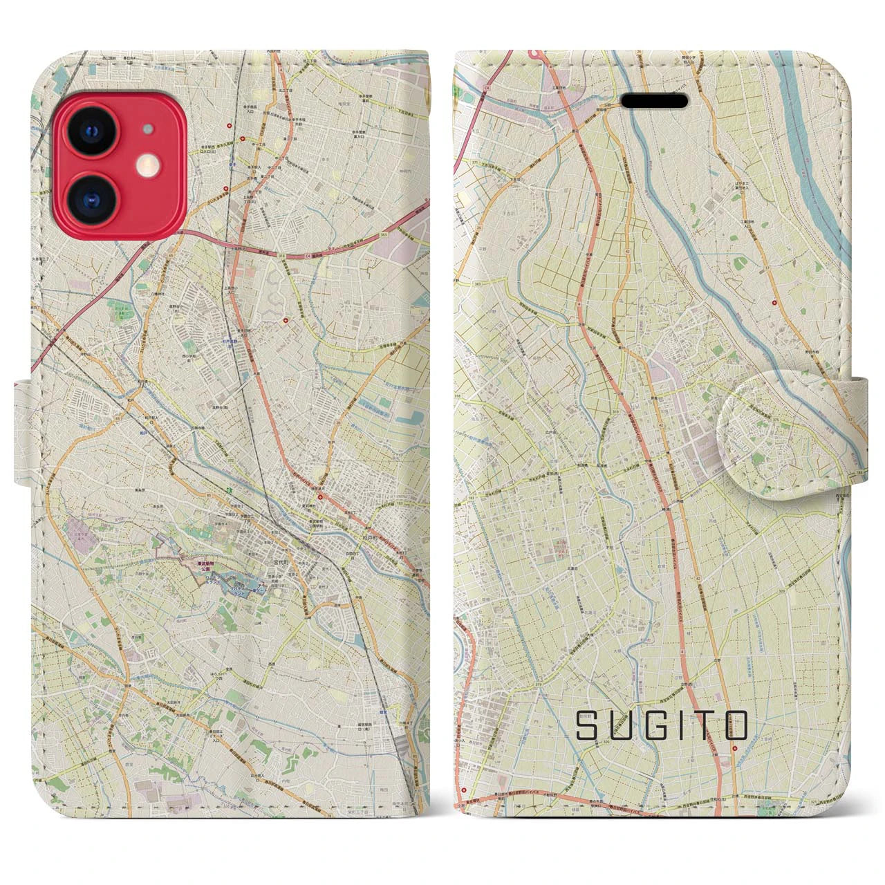 【杉戸(埼玉県)】地図柄iPhoneケース(手帳タイプ)ナチュラル・iPhone 11 用