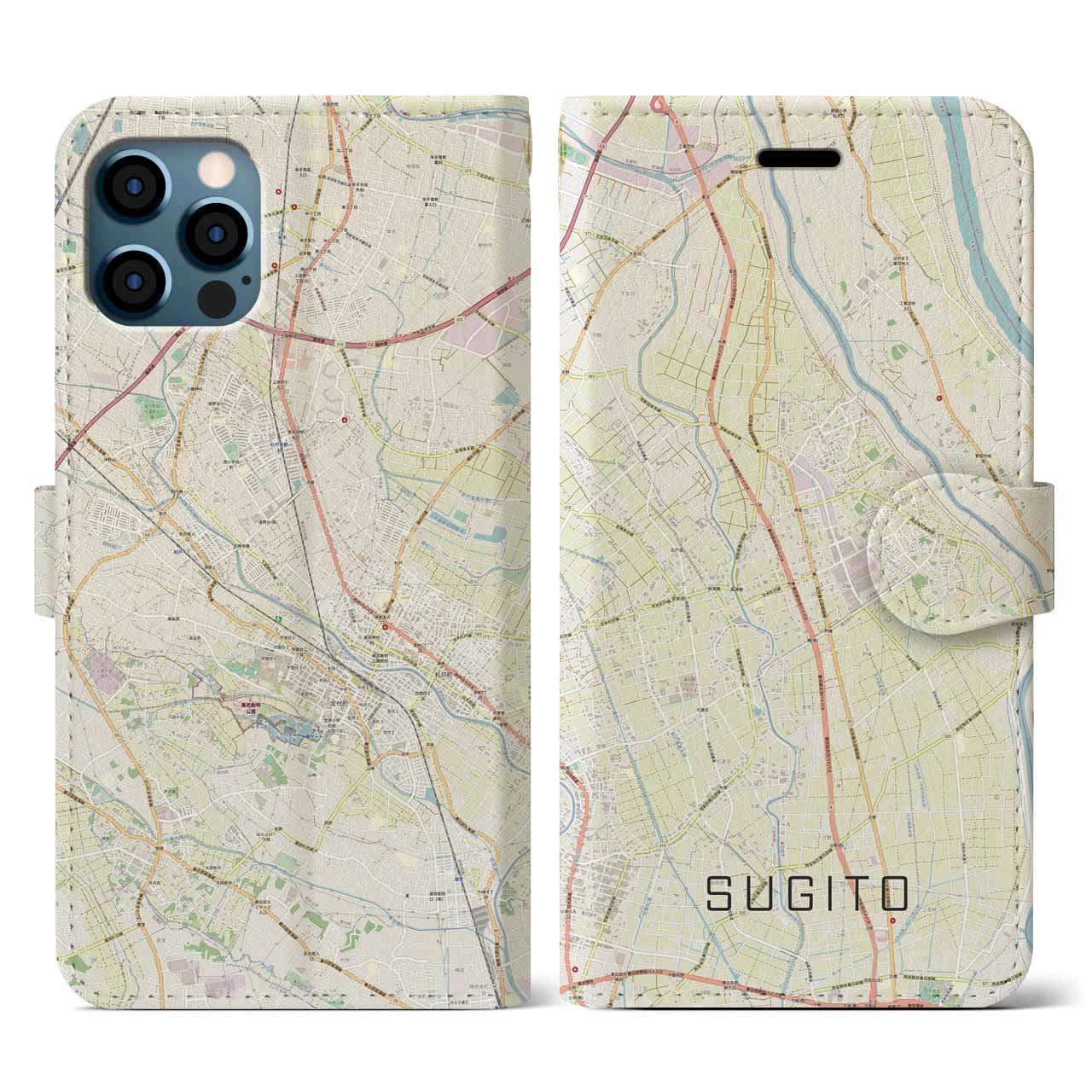 【杉戸(埼玉県)】地図柄iPhoneケース(手帳タイプ)ナチュラル・iPhone 12 / 12 Pro 用