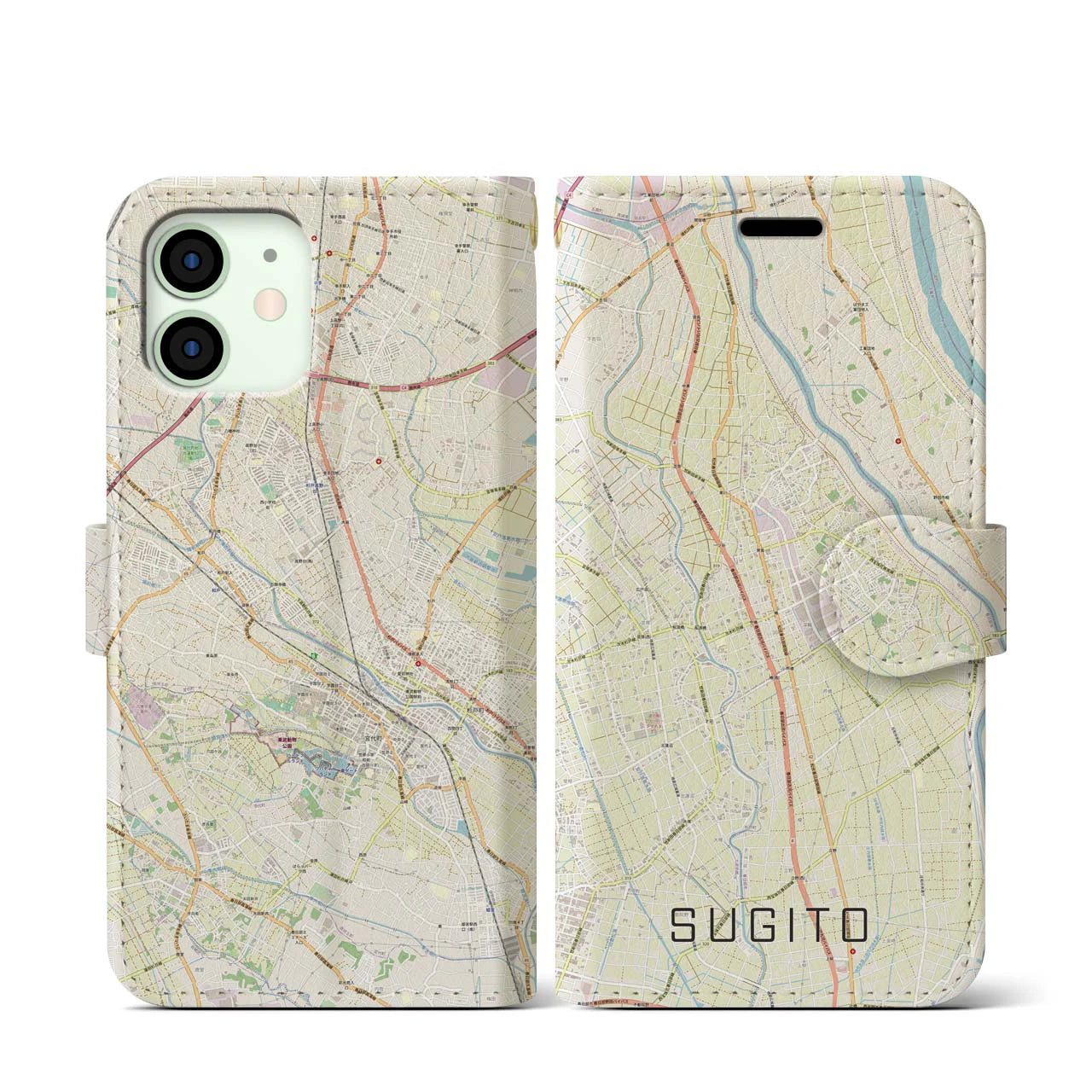 【杉戸(埼玉県)】地図柄iPhoneケース(手帳タイプ)ナチュラル・iPhone 12 mini 用