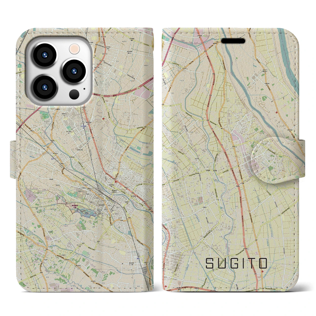 【杉戸(埼玉県)】地図柄iPhoneケース(手帳タイプ)ナチュラル・iPhone 13 Pro 用