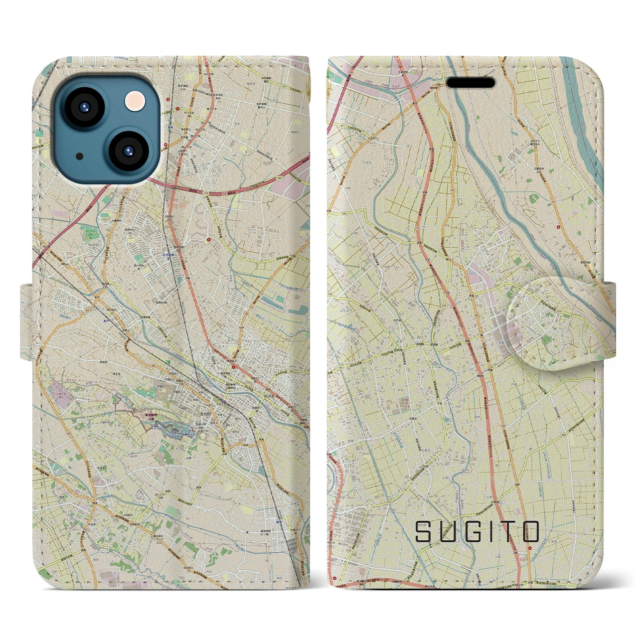 【杉戸(埼玉県)】地図柄iPhoneケース(手帳タイプ)ナチュラル・iPhone 13 用