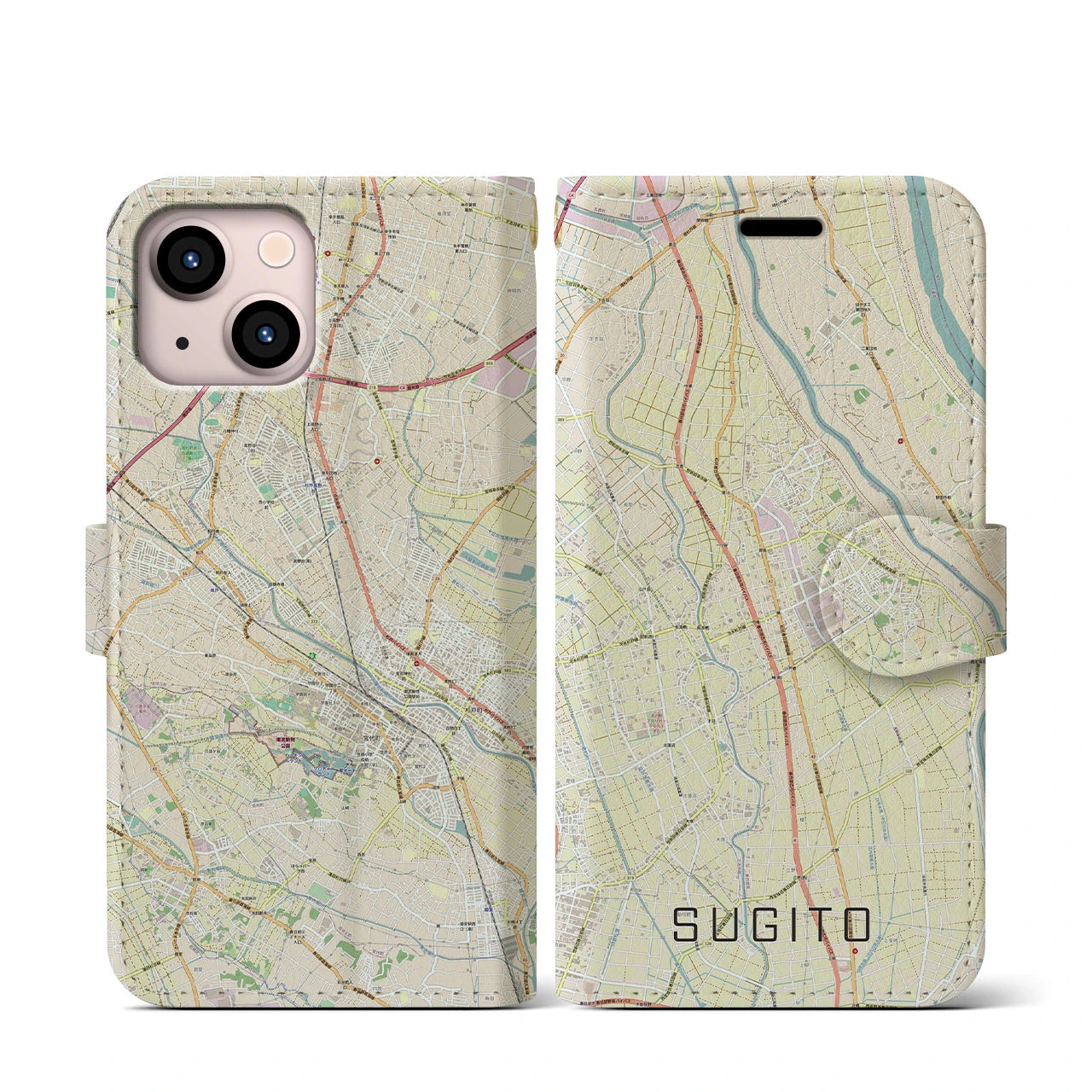 【杉戸(埼玉県)】地図柄iPhoneケース(手帳タイプ)ナチュラル・iPhone 13 mini 用