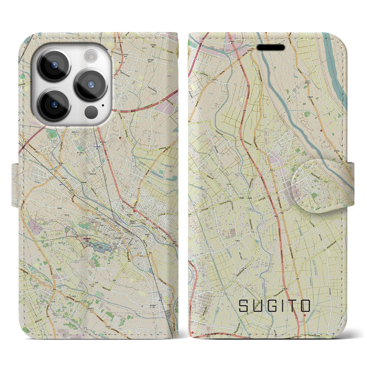 【杉戸(埼玉県)】地図柄iPhoneケース(手帳タイプ)ナチュラル・iPhone 14 Pro 用