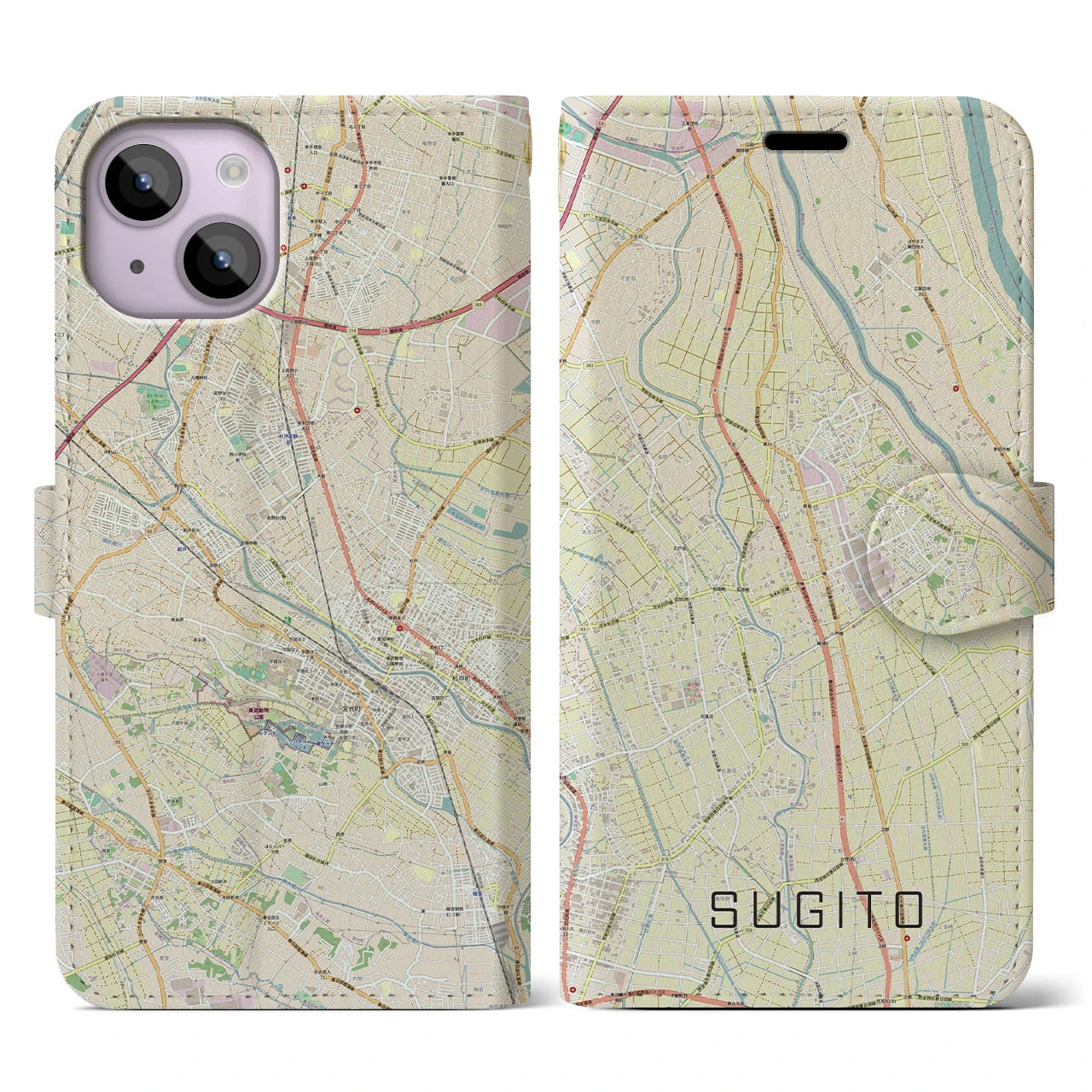 【杉戸(埼玉県)】地図柄iPhoneケース(手帳タイプ)ナチュラル・iPhone 14 用