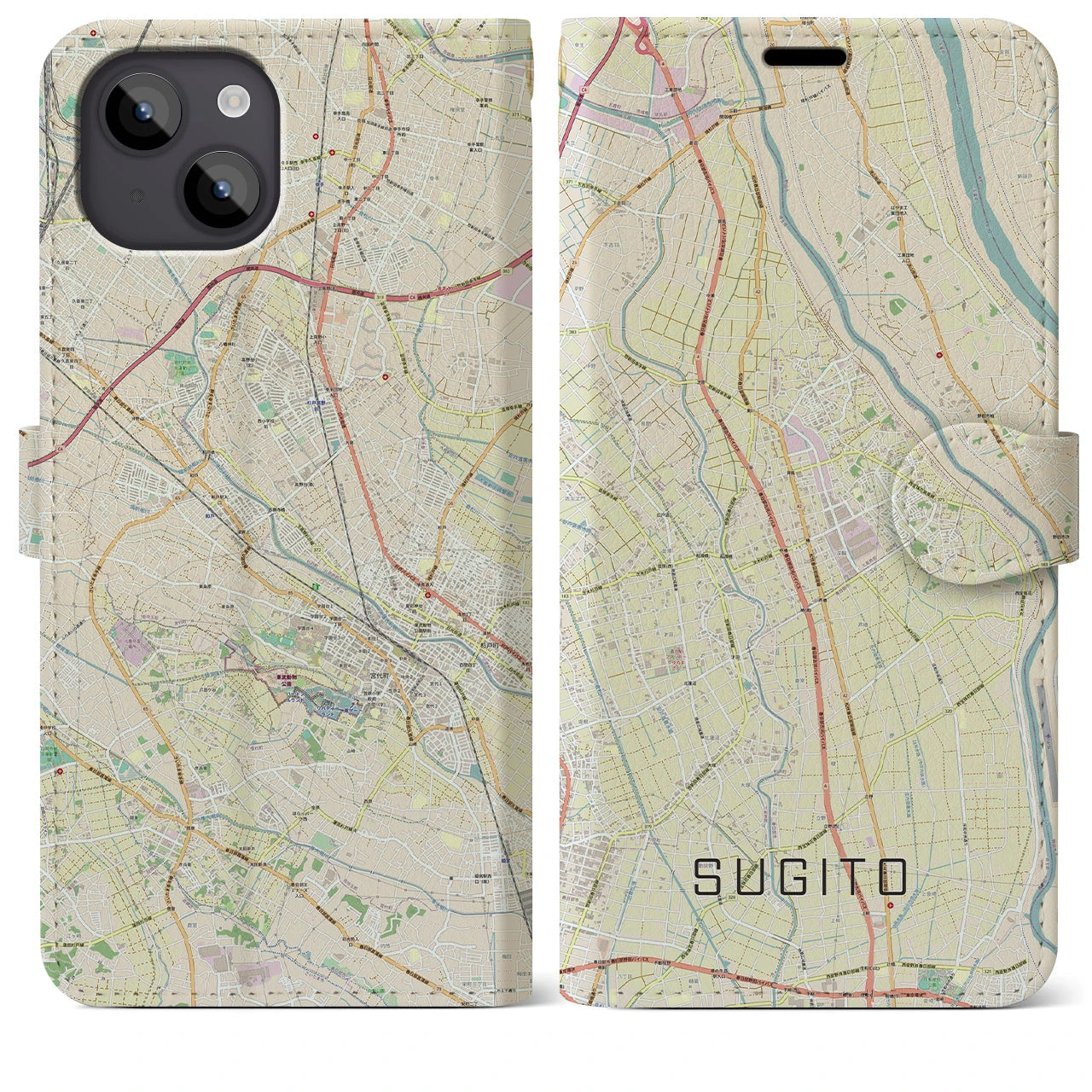 【杉戸(埼玉県)】地図柄iPhoneケース(手帳タイプ)ナチュラル・iPhone 14 Plus 用