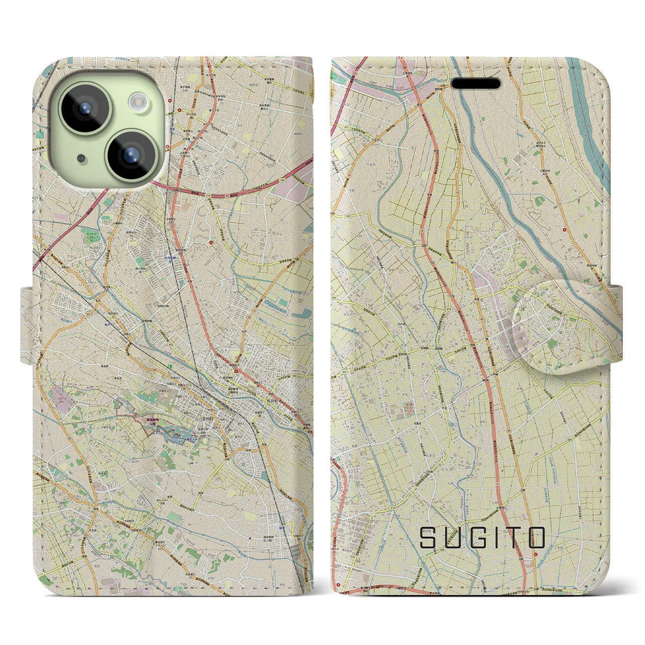 【杉戸(埼玉県)】地図柄iPhoneケース(手帳タイプ)ナチュラル・iPhone 15 用