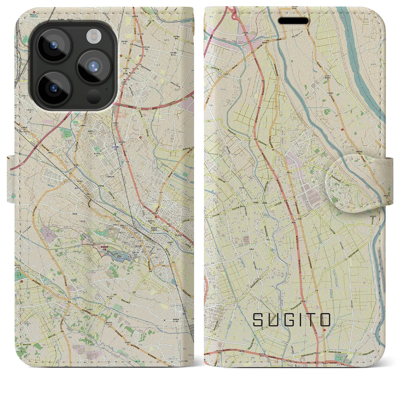 【杉戸(埼玉県)】地図柄iPhoneケース(手帳タイプ)ナチュラル・iPhone 15 Pro Max 用