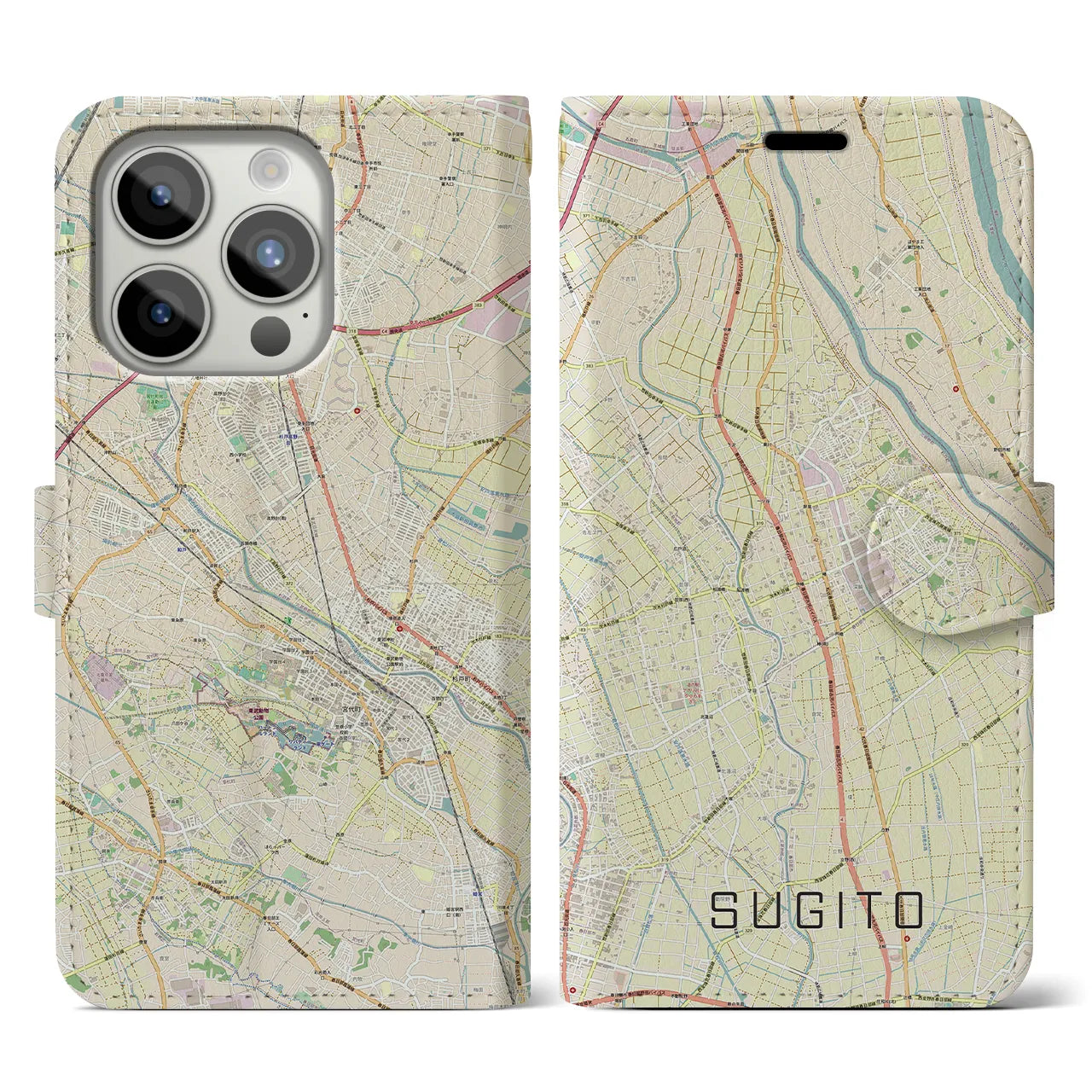 【杉戸(埼玉県)】地図柄iPhoneケース(手帳タイプ)ナチュラル・iPhone 15 Pro 用