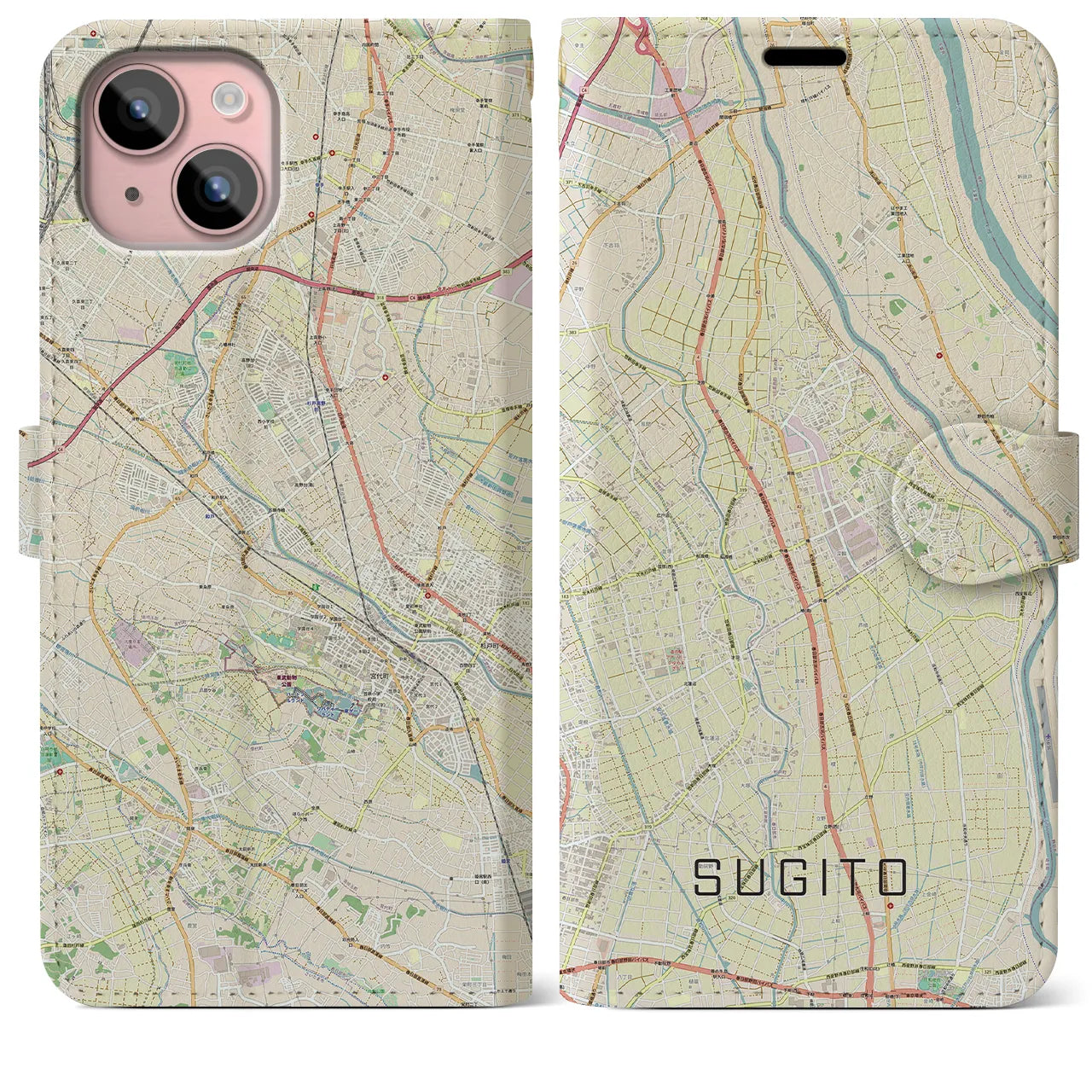 【杉戸(埼玉県)】地図柄iPhoneケース(手帳タイプ)ナチュラル・iPhone 15 Plus 用