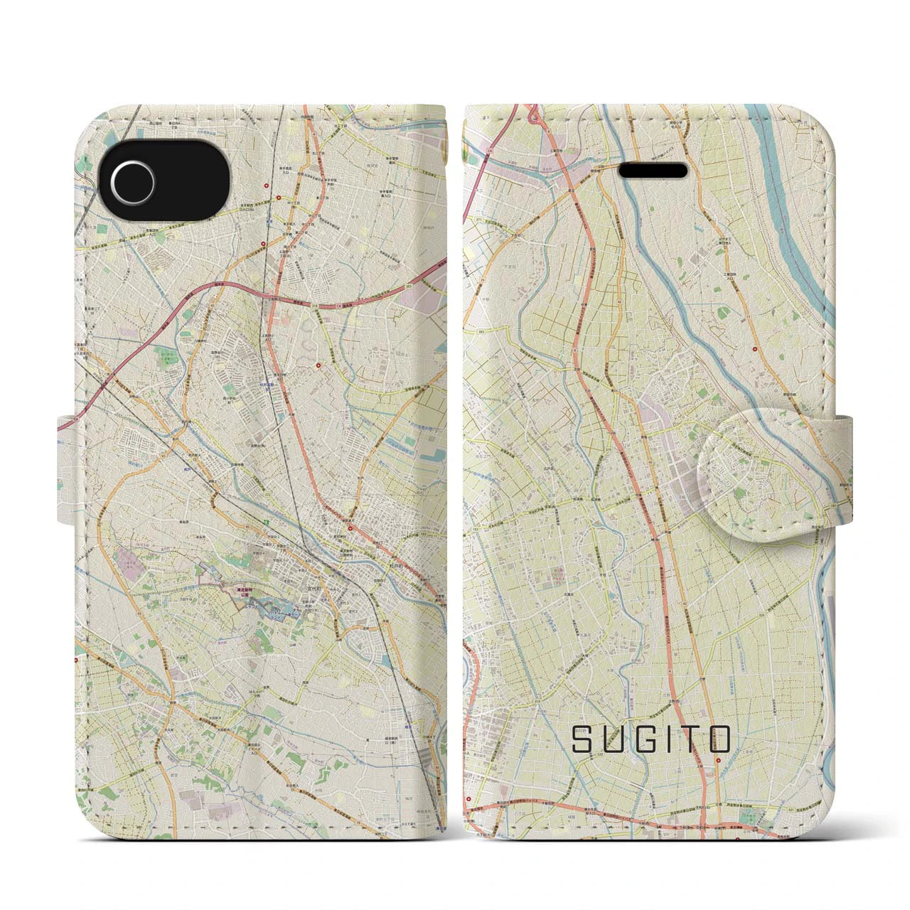 【杉戸(埼玉県)】地図柄iPhoneケース(手帳タイプ)ナチュラル・iPhone SE(第3 / 第2世代) / 8 / 7 / 6s / 6 用
