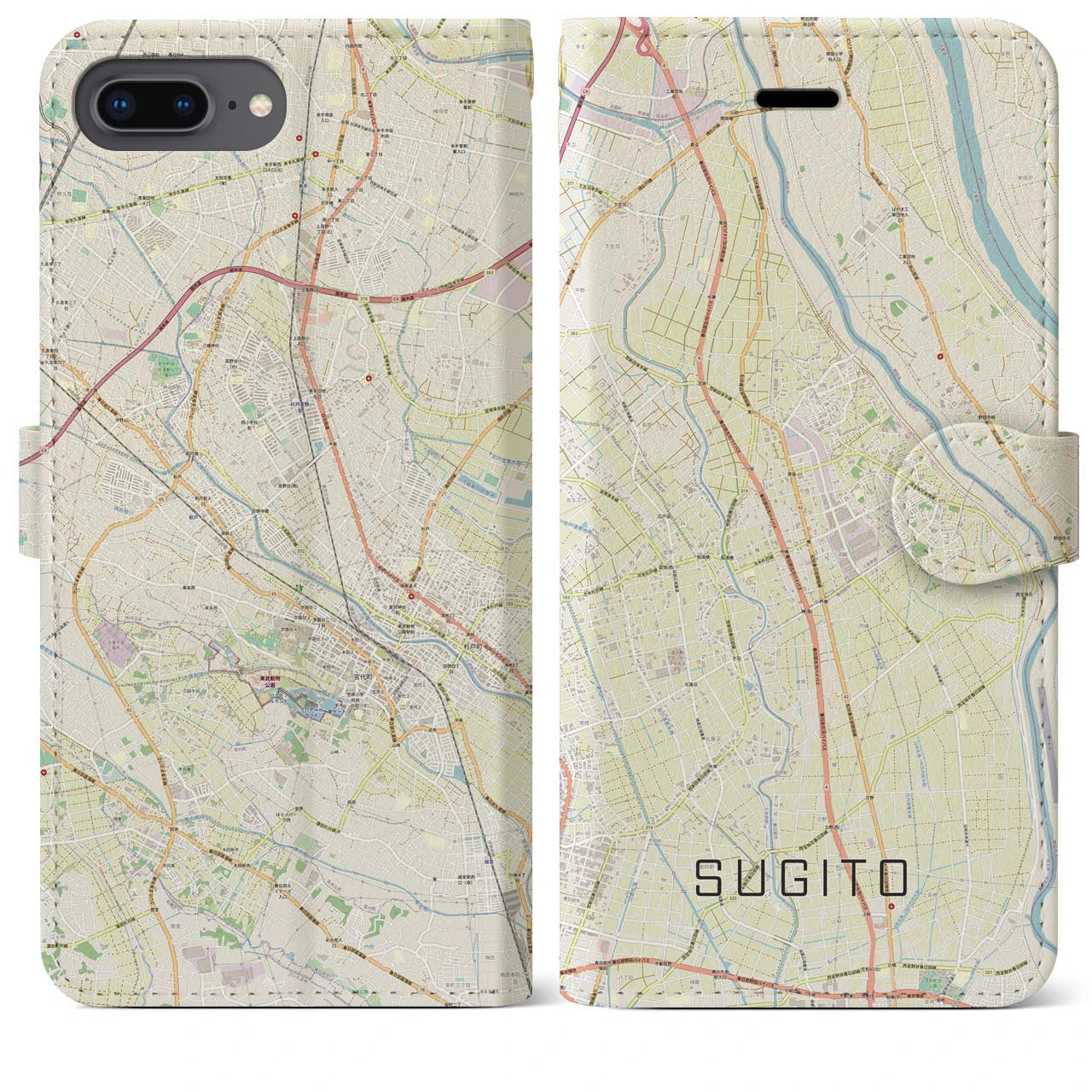 【杉戸(埼玉県)】地図柄iPhoneケース(手帳タイプ)ナチュラル・iPhone 8Plus /7Plus / 6sPlus / 6Plus 用
