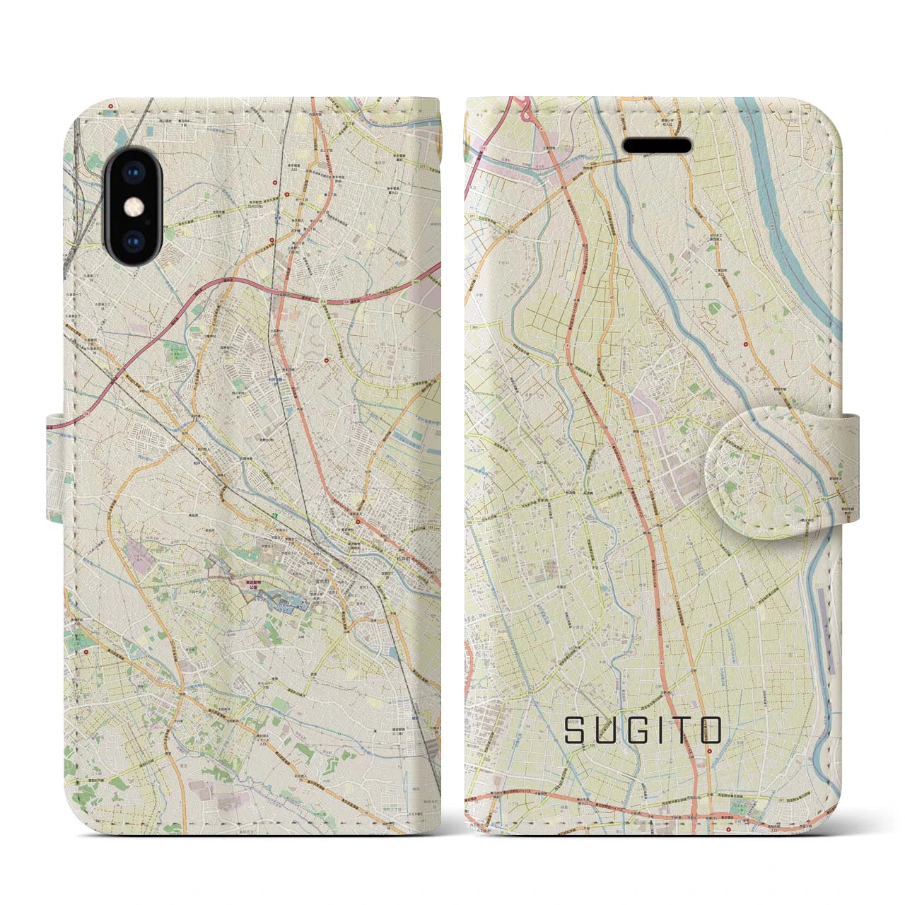 【杉戸(埼玉県)】地図柄iPhoneケース(手帳タイプ)ナチュラル・iPhone XS / X 用