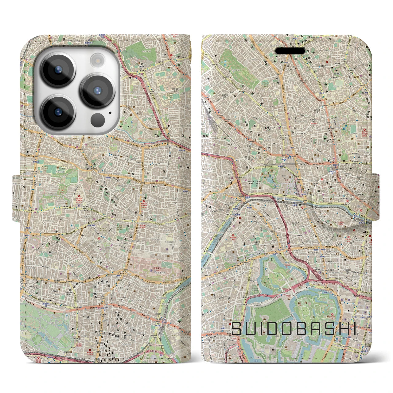 【水道橋(東京都)】地図柄iPhoneケース(手帳タイプ)ナチュラル・iPhone 14 Pro 用