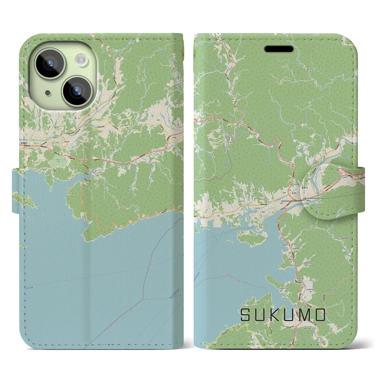 【宿毛(高知県)】地図柄iPhoneケース(手帳タイプ)ナチュラル・iPhone 15 用