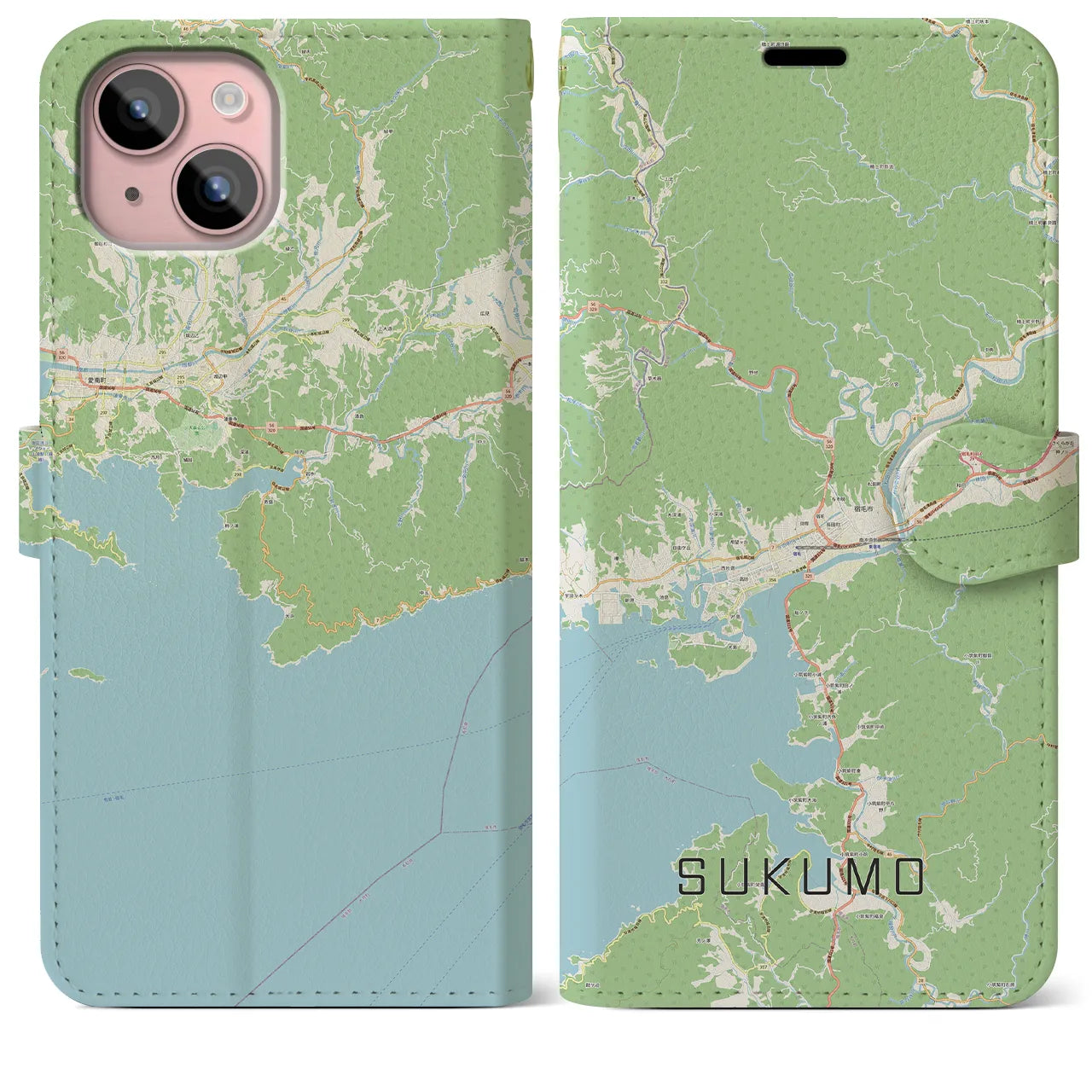 【宿毛(高知県)】地図柄iPhoneケース(手帳タイプ)ナチュラル・iPhone 15 Plus 用