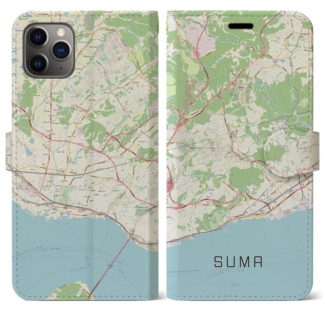 【須磨(兵庫県)】地図柄iPhoneケース(手帳タイプ)ナチュラル・iPhone 11 Pro Max 用