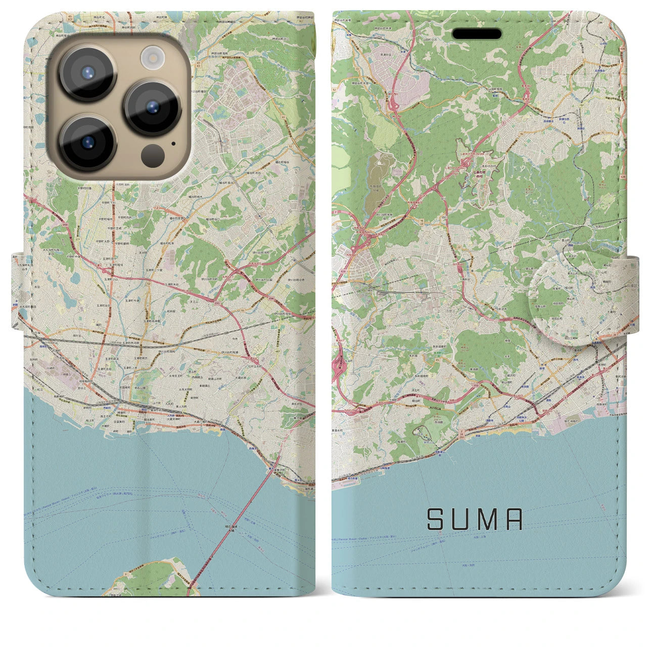 【須磨(兵庫県)】地図柄iPhoneケース(手帳タイプ)ナチュラル・iPhone 14 Pro Max 用