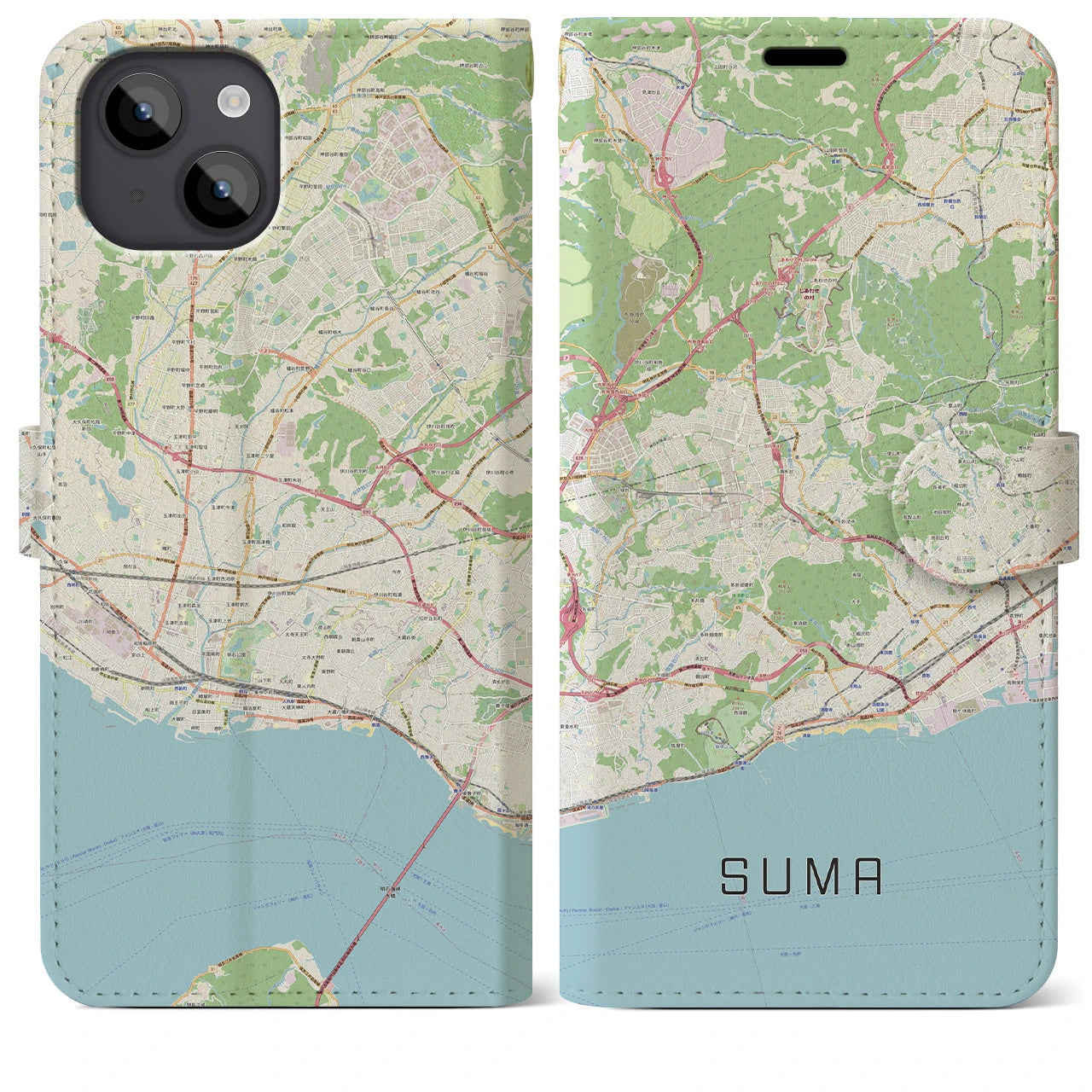 【須磨(兵庫県)】地図柄iPhoneケース(手帳タイプ)ナチュラル・iPhone 14 Plus 用