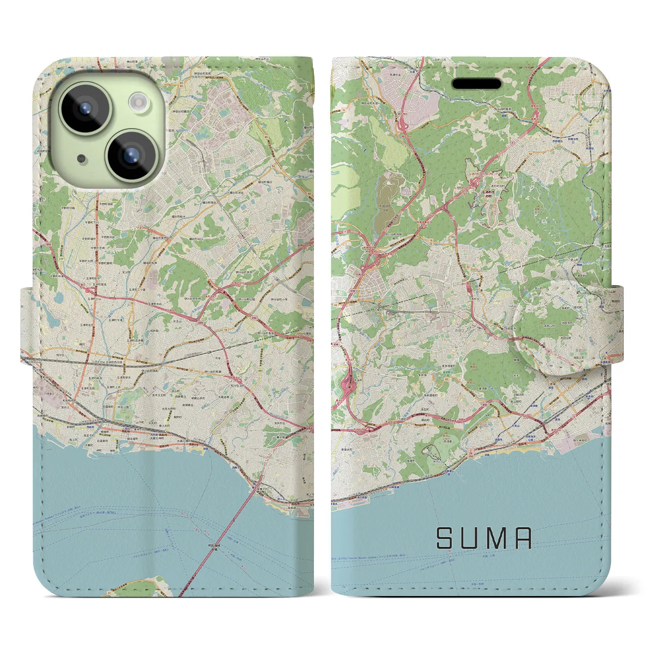 【須磨(兵庫県)】地図柄iPhoneケース(手帳タイプ)ナチュラル・iPhone 15 用