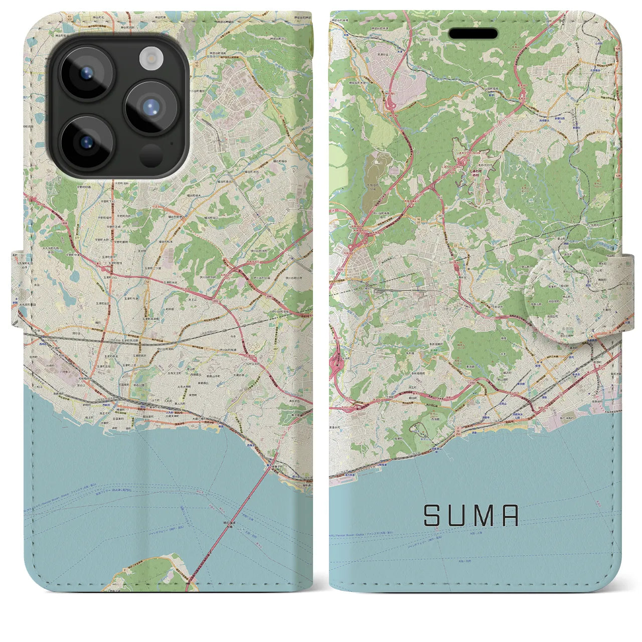 【須磨(兵庫県)】地図柄iPhoneケース(手帳タイプ)ナチュラル・iPhone 15 Pro Max 用