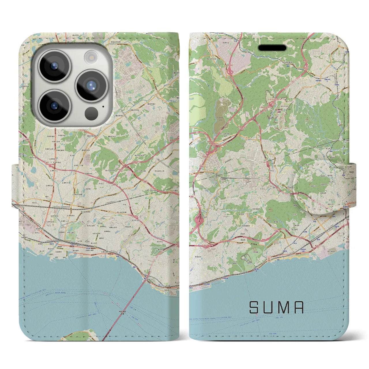 【須磨(兵庫県)】地図柄iPhoneケース(手帳タイプ)ナチュラル・iPhone 15 Pro 用