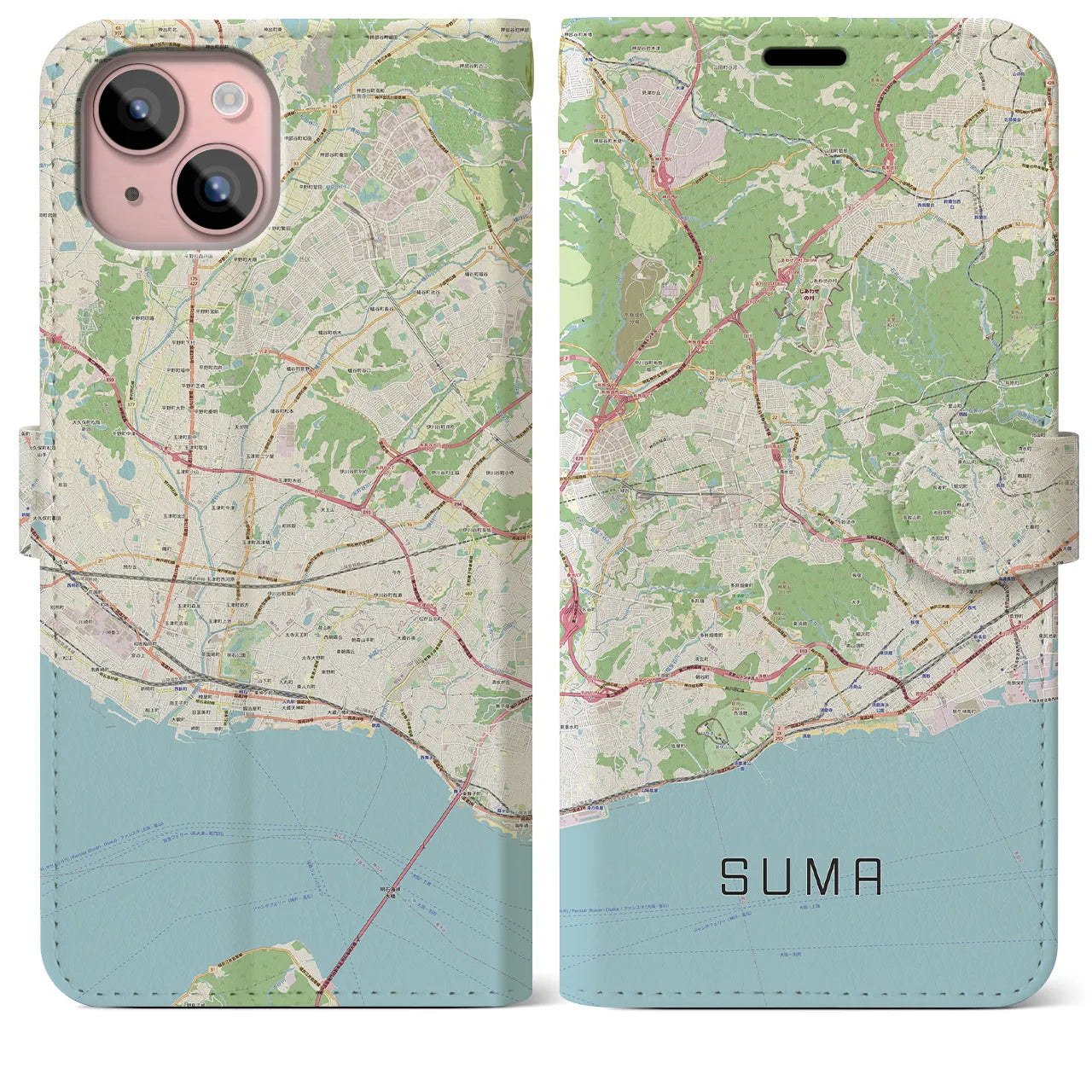 【須磨(兵庫県)】地図柄iPhoneケース(手帳タイプ)ナチュラル・iPhone 15 Plus 用