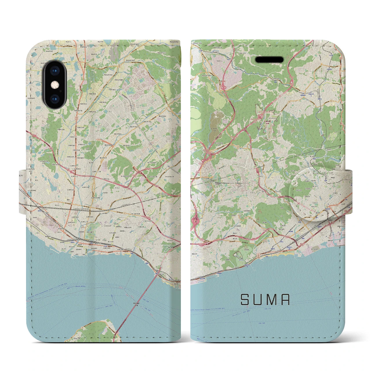 【須磨(兵庫県)】地図柄iPhoneケース(手帳タイプ)ナチュラル・iPhone XS / X 用