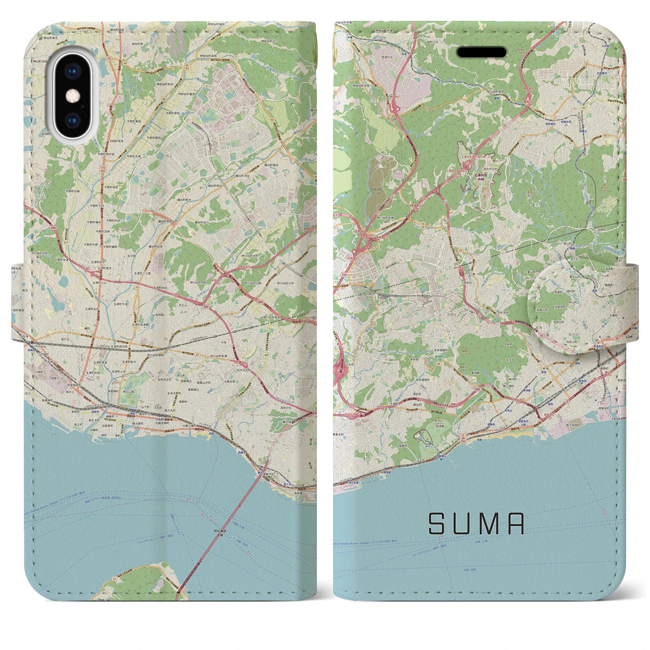 【須磨(兵庫県)】地図柄iPhoneケース(手帳タイプ)ナチュラル・iPhone XS Max 用
