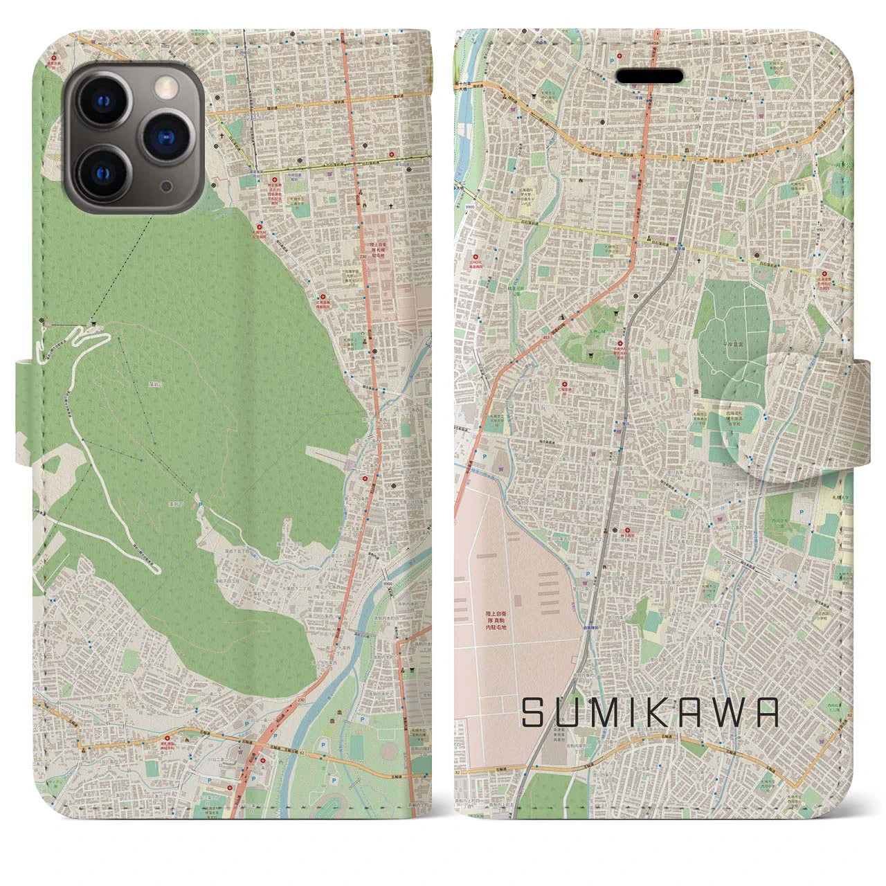 【澄川(北海道)】地図柄iPhoneケース(手帳タイプ)ナチュラル・iPhone 11 Pro Max 用