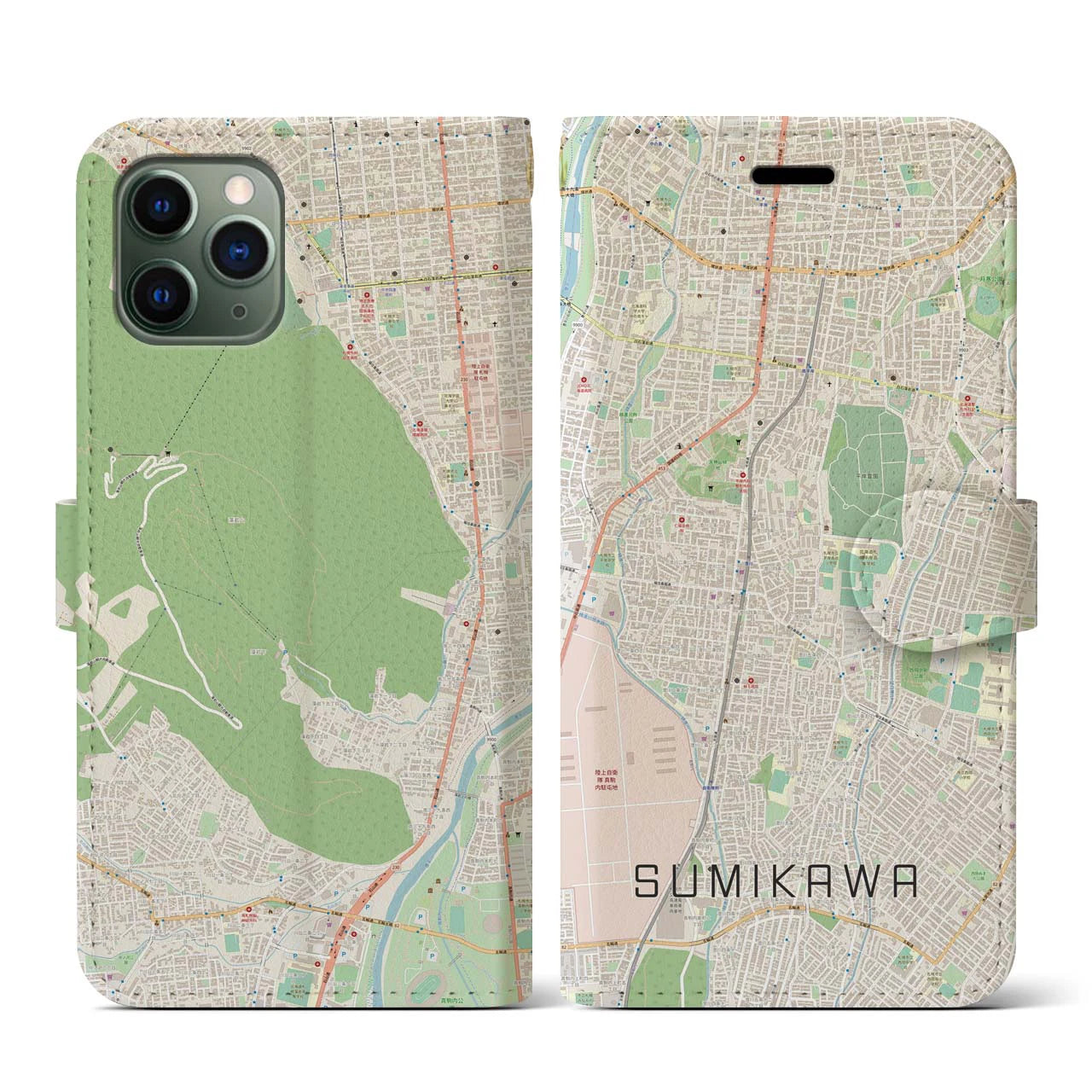 【澄川(北海道)】地図柄iPhoneケース(手帳タイプ)ナチュラル・iPhone 11 Pro 用