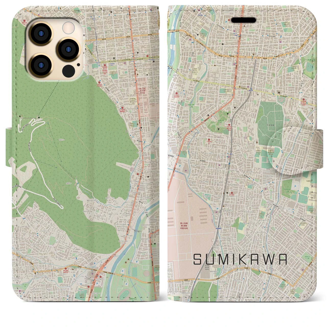 【澄川(北海道)】地図柄iPhoneケース(手帳タイプ)ナチュラル・iPhone 12 Pro Max 用