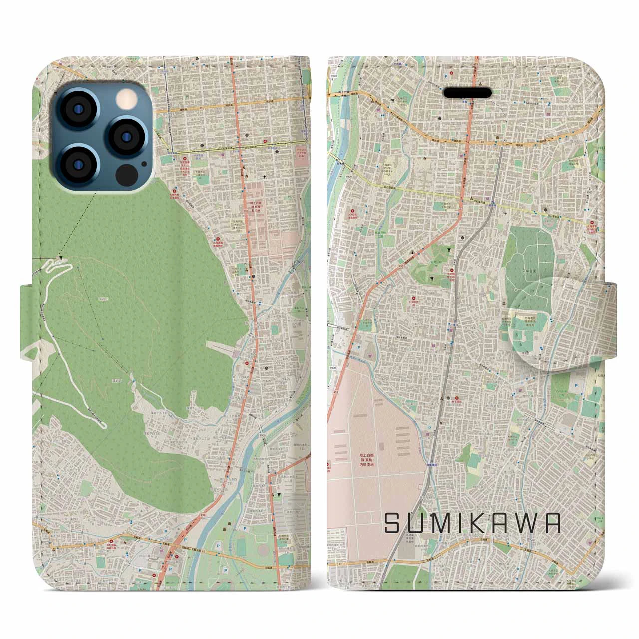 【澄川(北海道)】地図柄iPhoneケース(手帳タイプ)ナチュラル・iPhone 12 / 12 Pro 用
