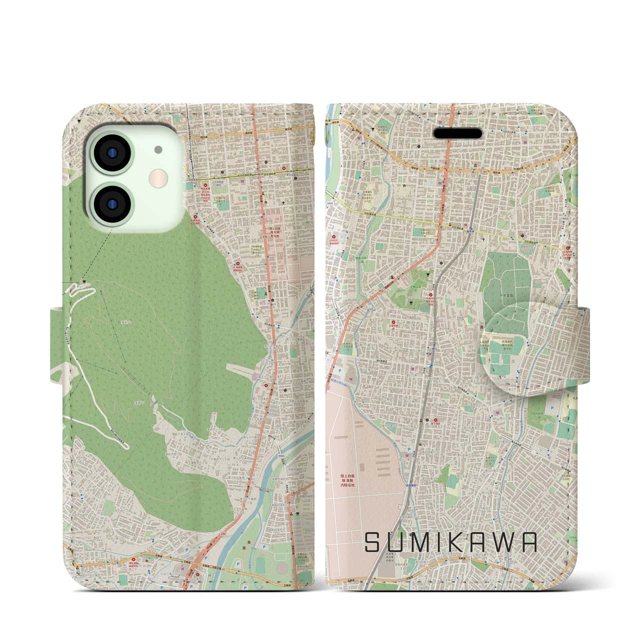 【澄川(北海道)】地図柄iPhoneケース(手帳タイプ)ナチュラル・iPhone 12 mini 用