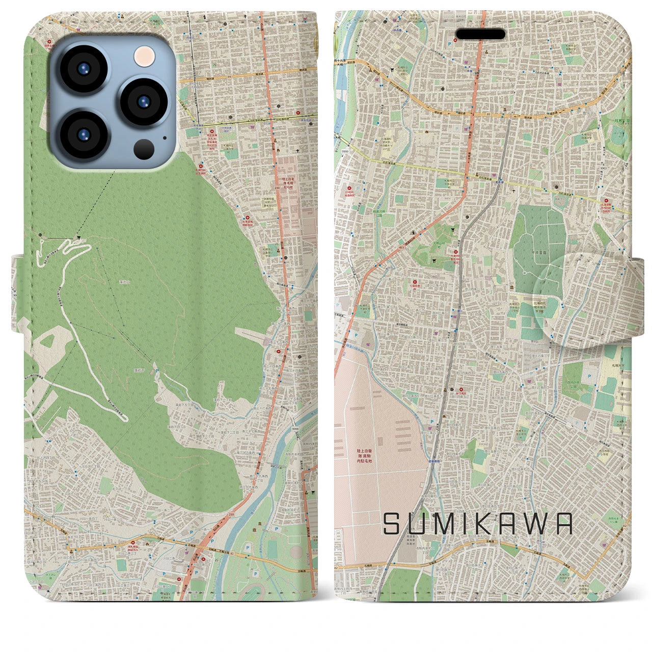 【澄川(北海道)】地図柄iPhoneケース(手帳タイプ)ナチュラル・iPhone 13 Pro Max 用