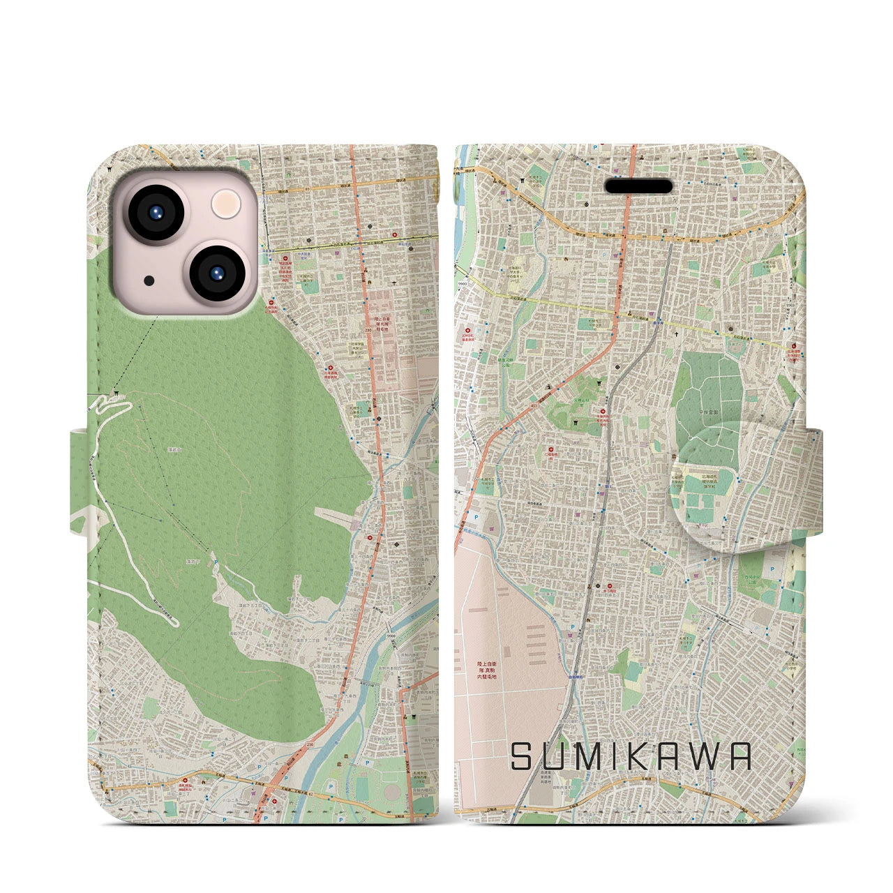 【澄川(北海道)】地図柄iPhoneケース(手帳タイプ)ナチュラル・iPhone 13 mini 用