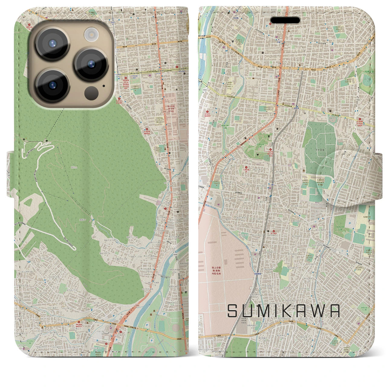 【澄川(北海道)】地図柄iPhoneケース(手帳タイプ)ナチュラル・iPhone 14 Pro Max 用