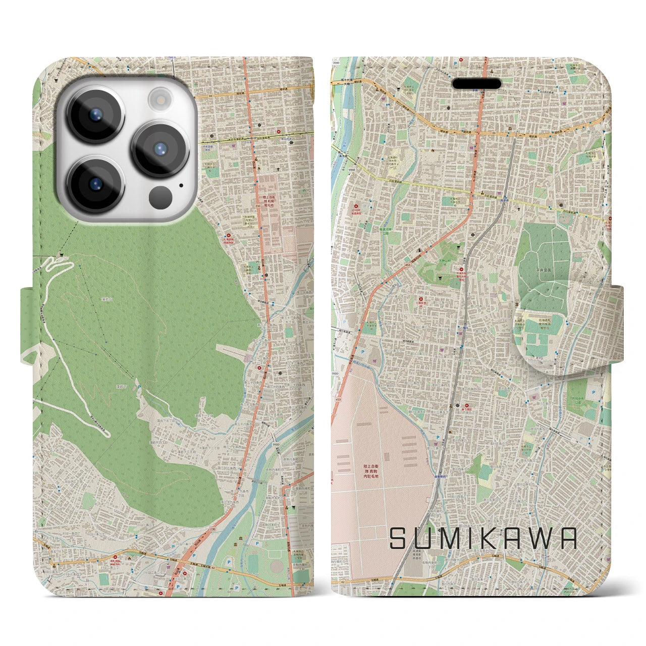 【澄川(北海道)】地図柄iPhoneケース(手帳タイプ)ナチュラル・iPhone 14 Pro 用
