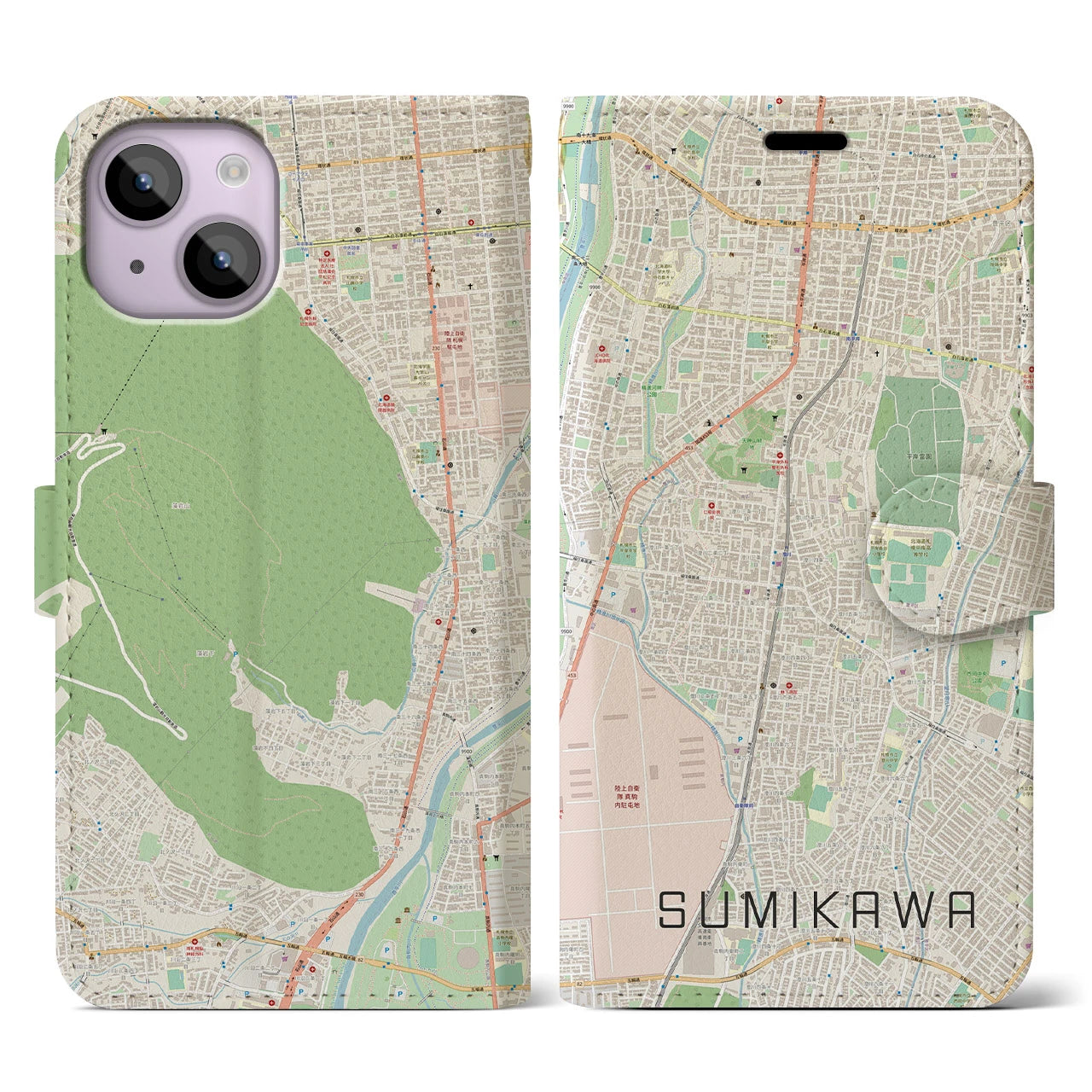 【澄川(北海道)】地図柄iPhoneケース(手帳タイプ)ナチュラル・iPhone 14 用