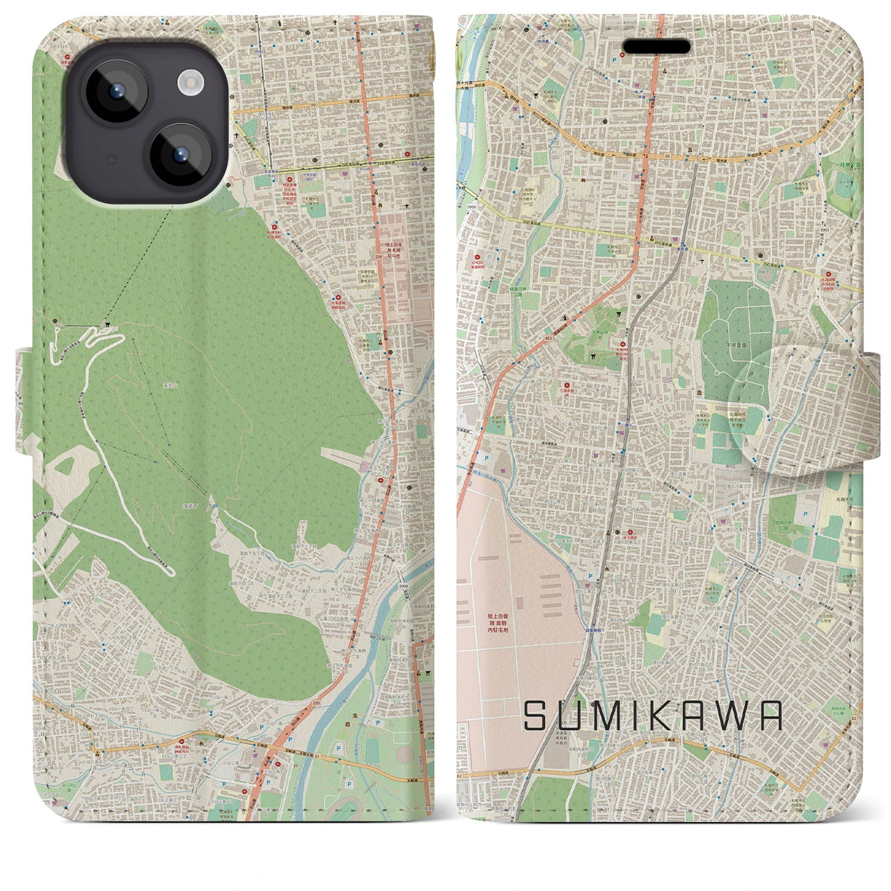 【澄川(北海道)】地図柄iPhoneケース(手帳タイプ)ナチュラル・iPhone 14 Plus 用