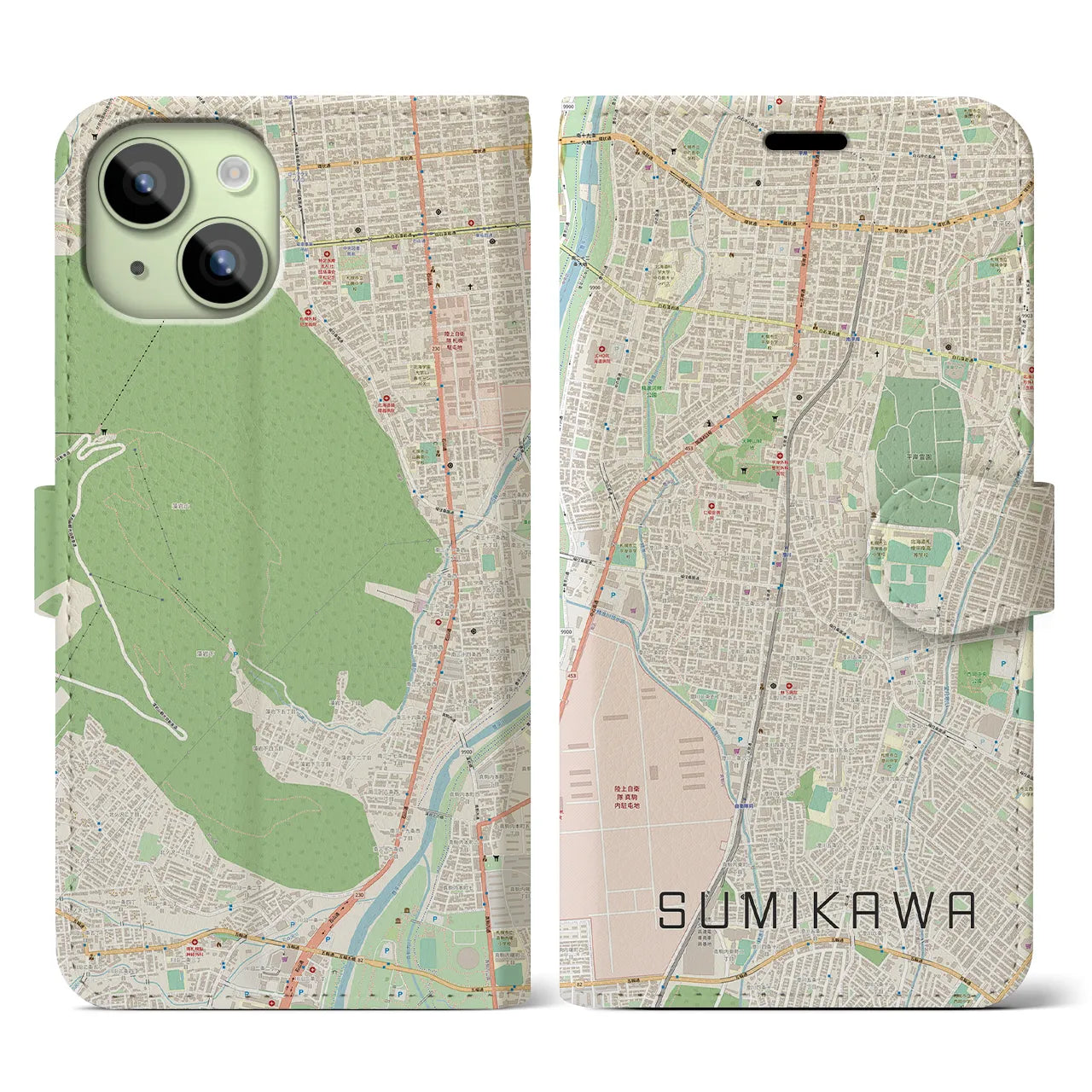 【澄川(北海道)】地図柄iPhoneケース(手帳タイプ)ナチュラル・iPhone 15 用