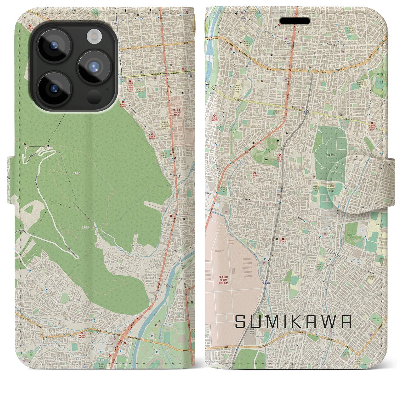 【澄川(北海道)】地図柄iPhoneケース(手帳タイプ)ナチュラル・iPhone 15 Pro Max 用