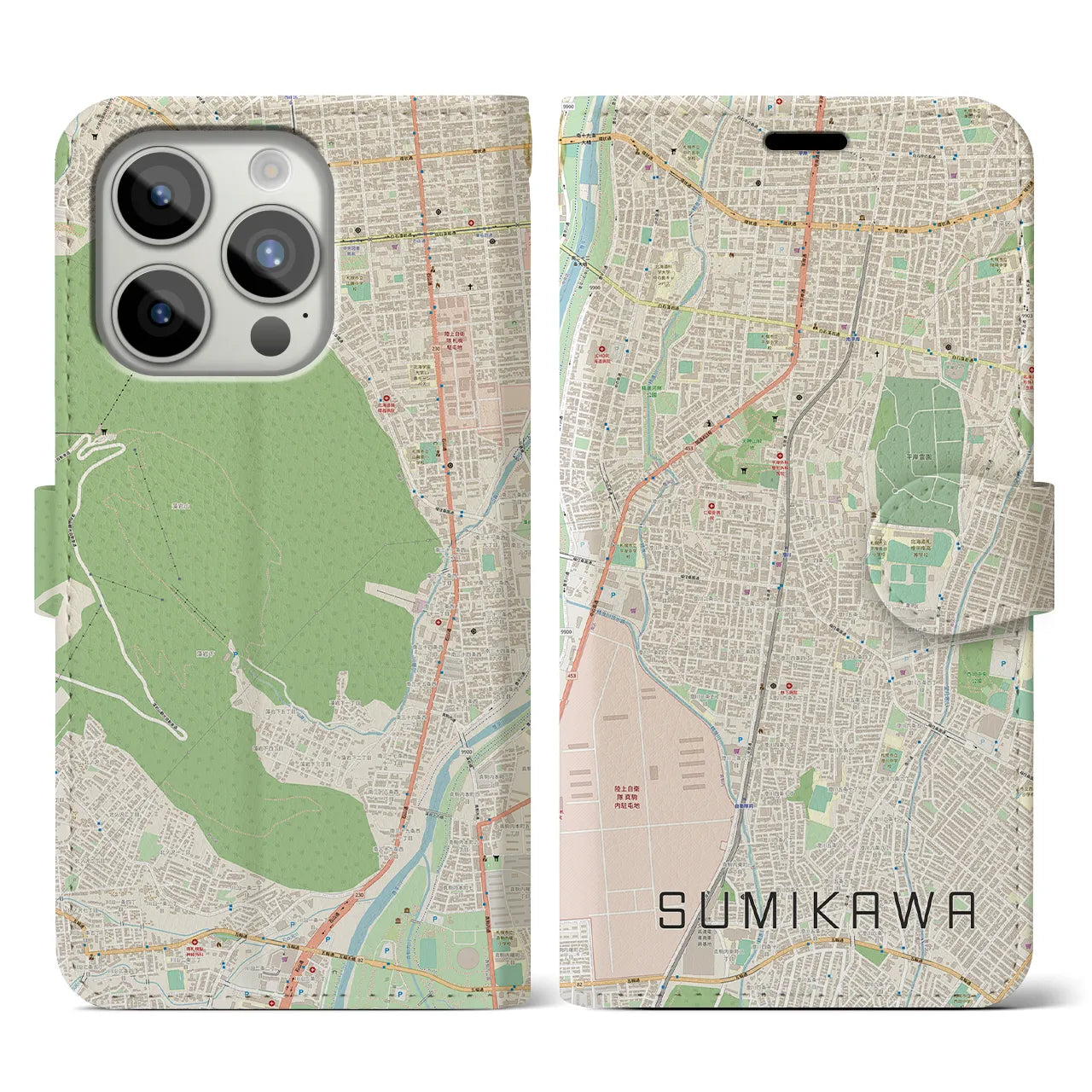 【澄川(北海道)】地図柄iPhoneケース(手帳タイプ)ナチュラル・iPhone 15 Pro 用