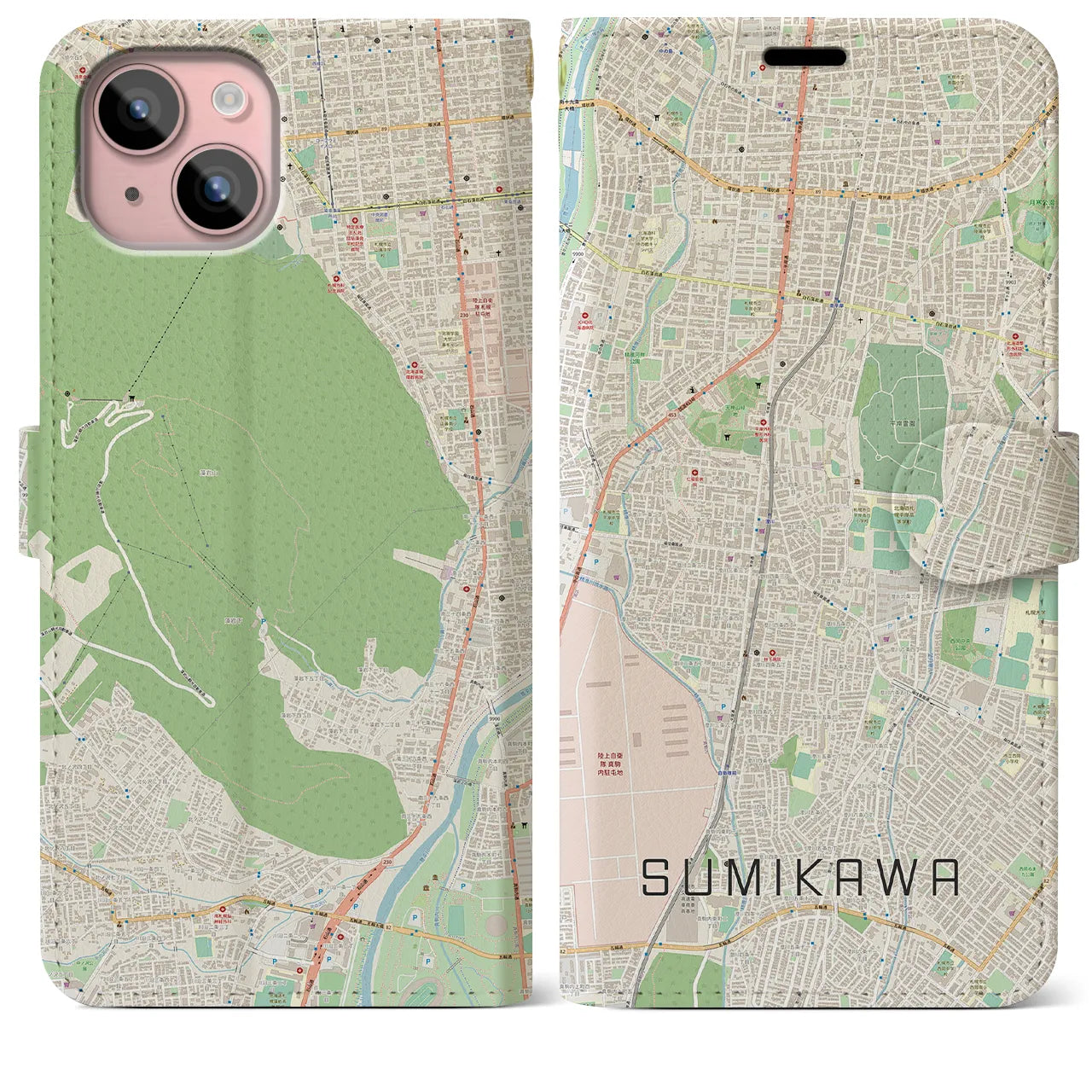 【澄川(北海道)】地図柄iPhoneケース(手帳タイプ)ナチュラル・iPhone 15 Plus 用