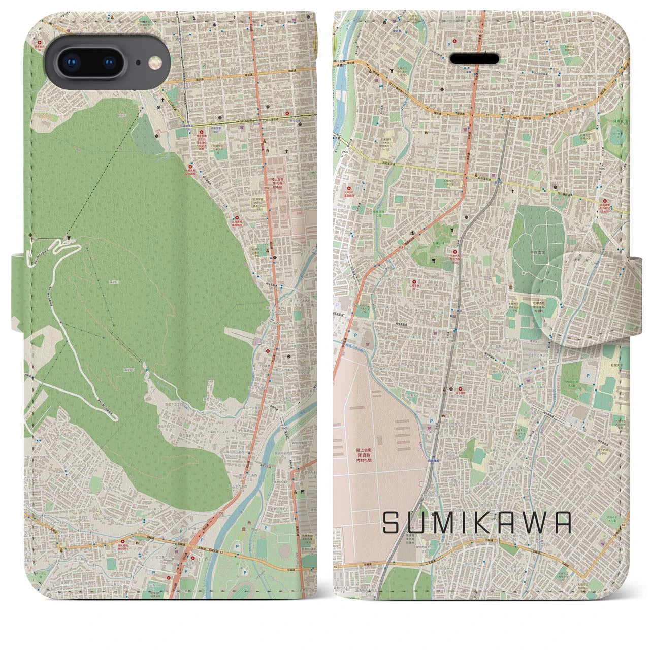 【澄川(北海道)】地図柄iPhoneケース(手帳タイプ)ナチュラル・iPhone 8Plus /7Plus / 6sPlus / 6Plus 用