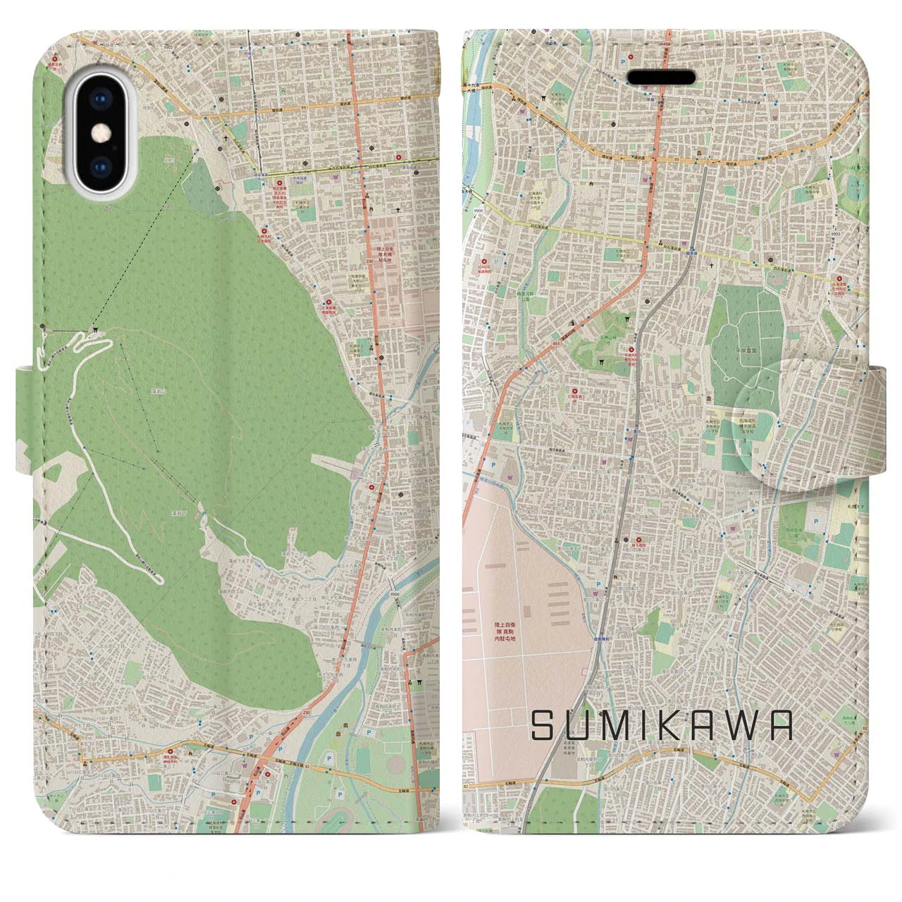 【澄川(北海道)】地図柄iPhoneケース(手帳タイプ)ナチュラル・iPhone XS Max 用