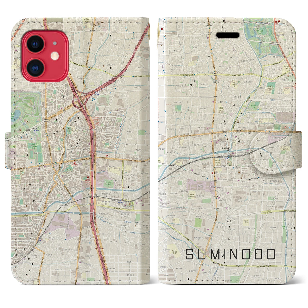 【住道(大阪府)】地図柄iPhoneケース(手帳タイプ)ナチュラル・iPhone 11 用