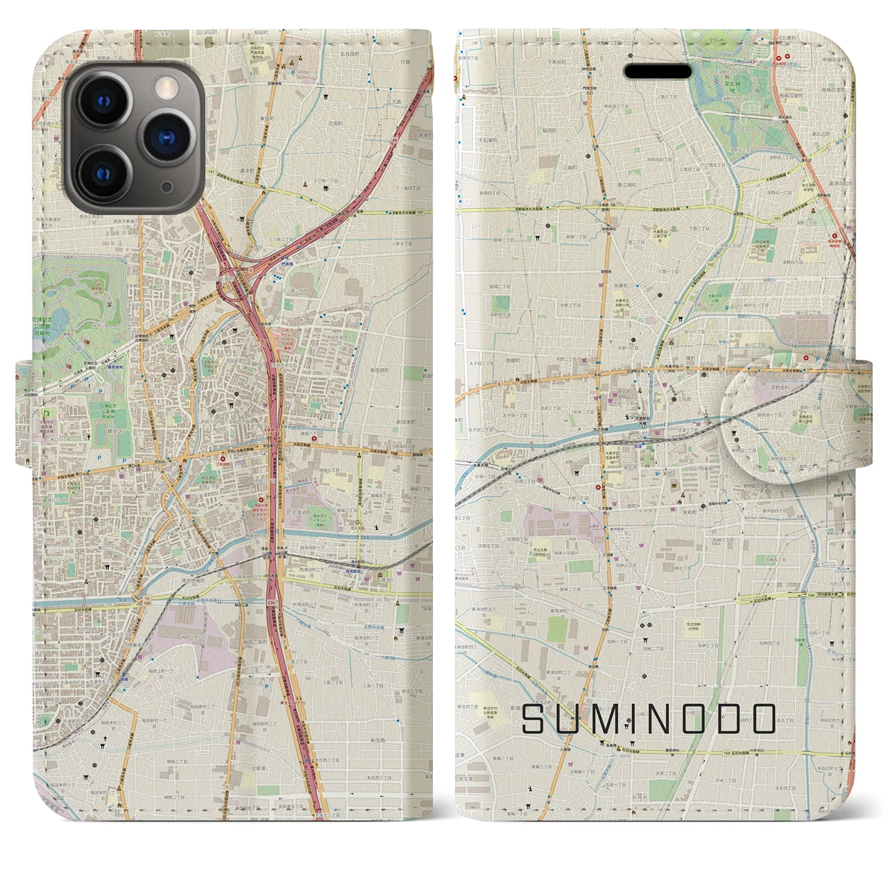 【住道(大阪府)】地図柄iPhoneケース(手帳タイプ)ナチュラル・iPhone 11 Pro Max 用